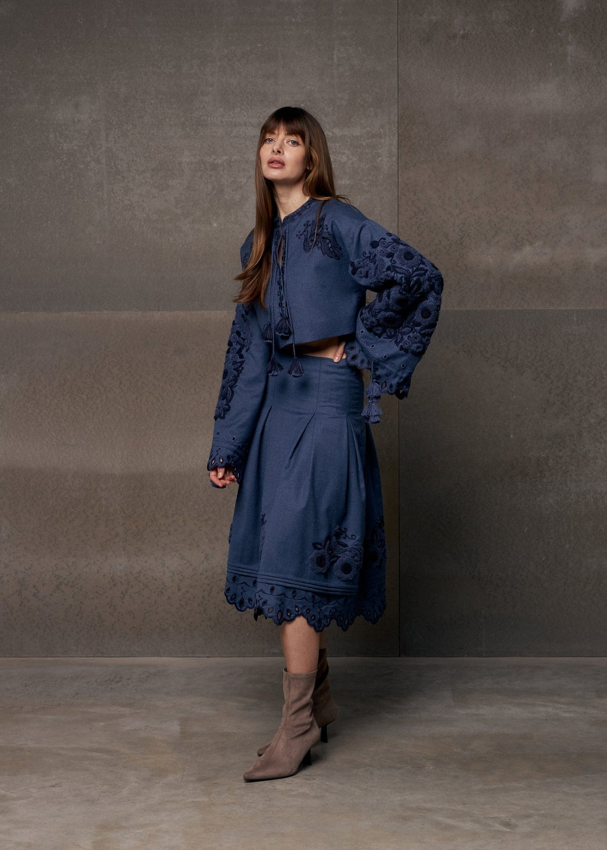 Midnight Mirage Embroidered Wool Midi Skirt