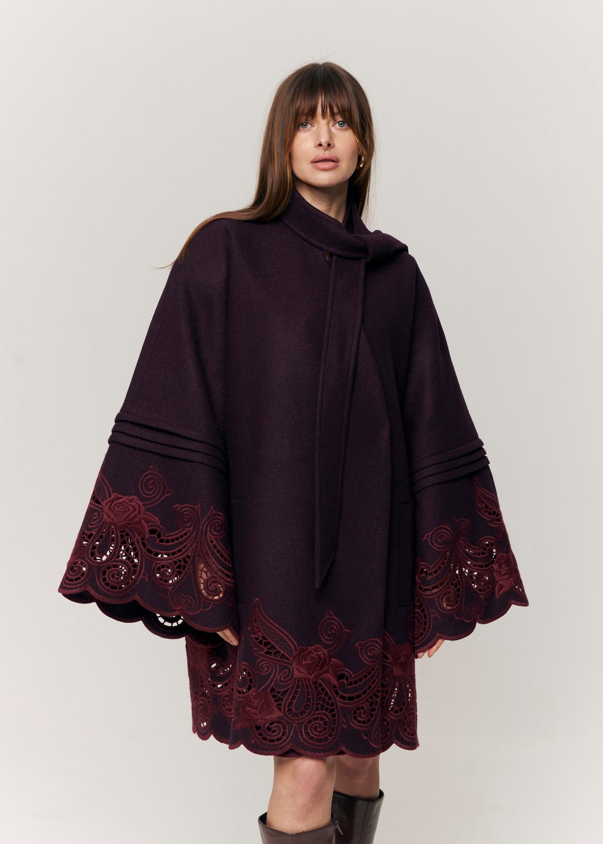 Winter Plum Embroidered Wool Wrap Coat