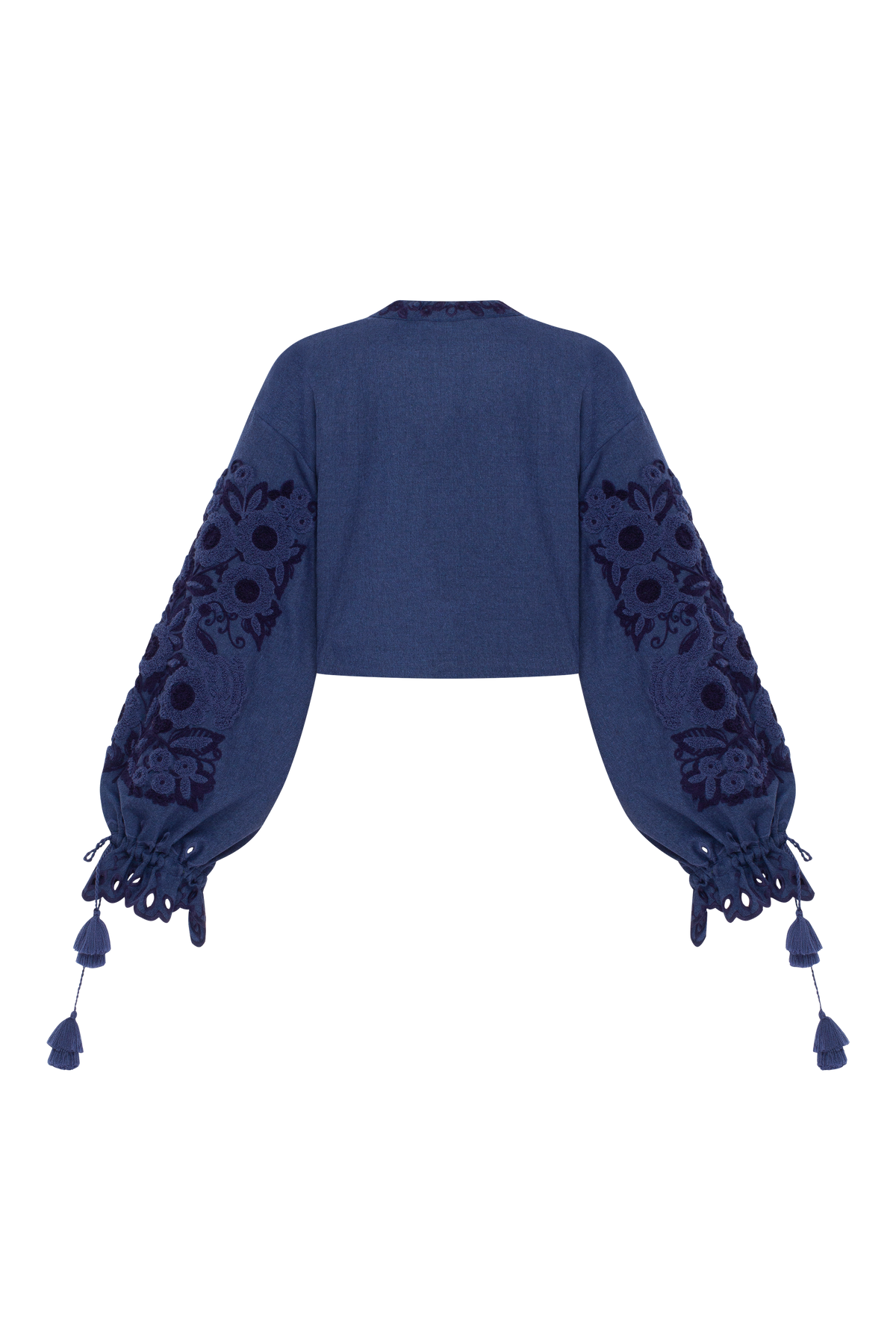 Midnight Mirage Embroidered Cropped Jacket – Blue