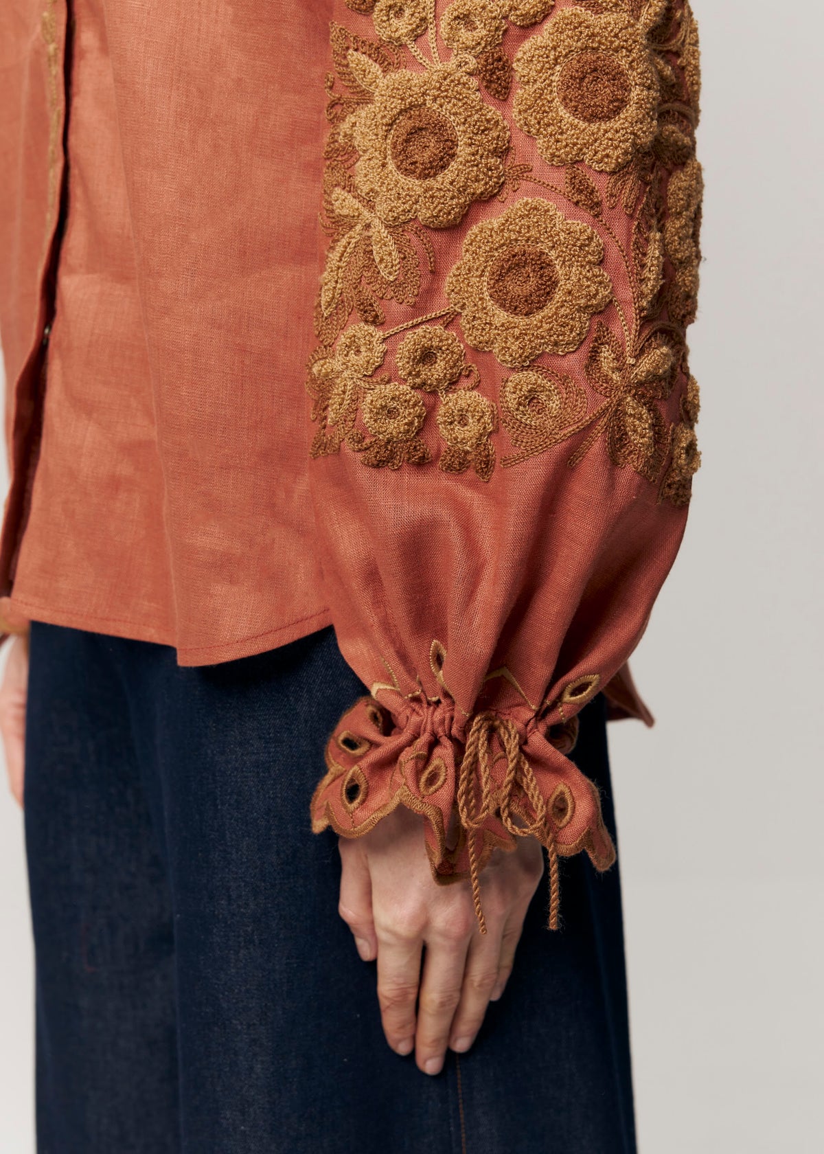 Harvest Sun Floral Embroidered Linen Blouse – Orange