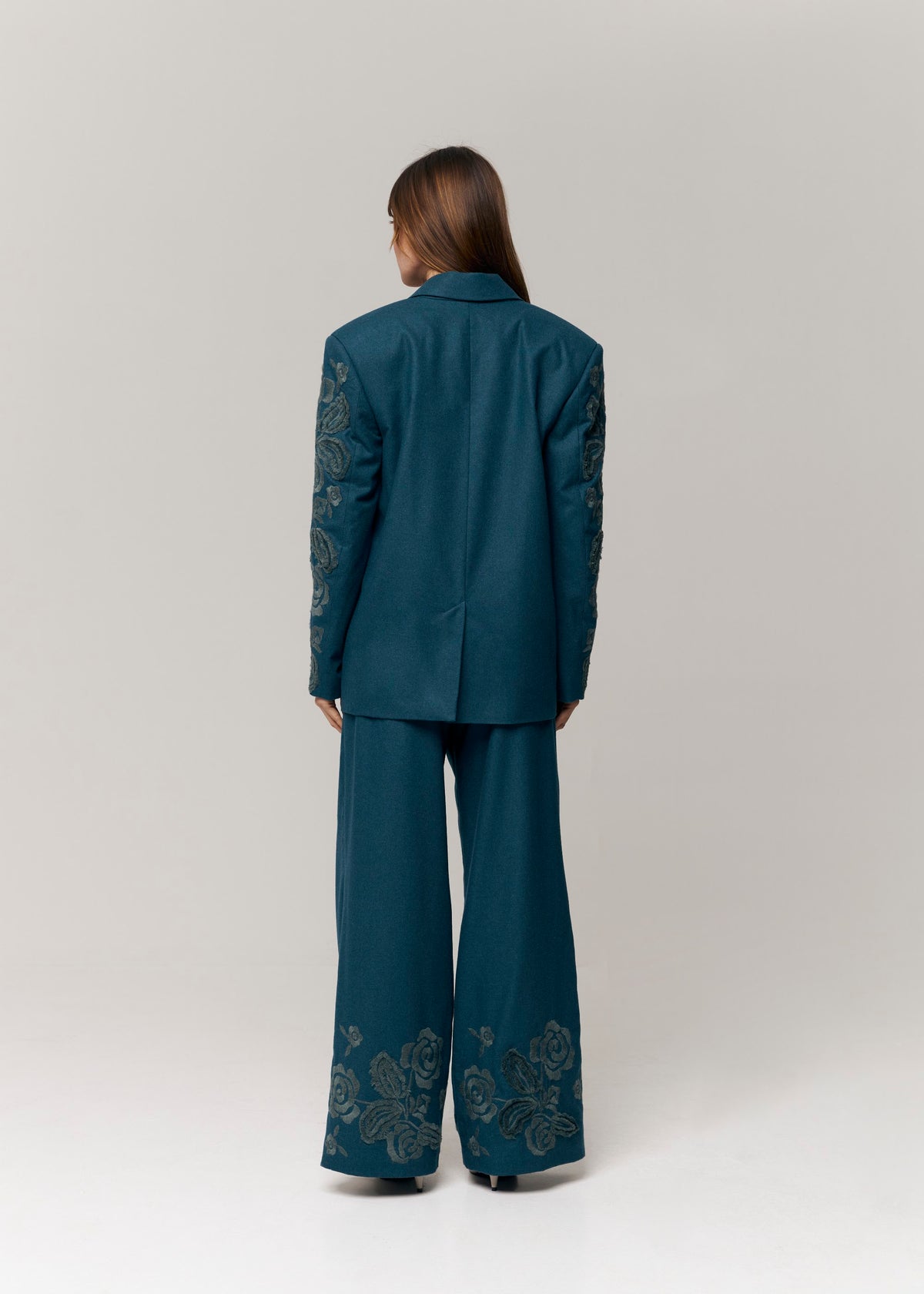Velvet Rose Embroidered Wide-Leg Pants — Deep Teal