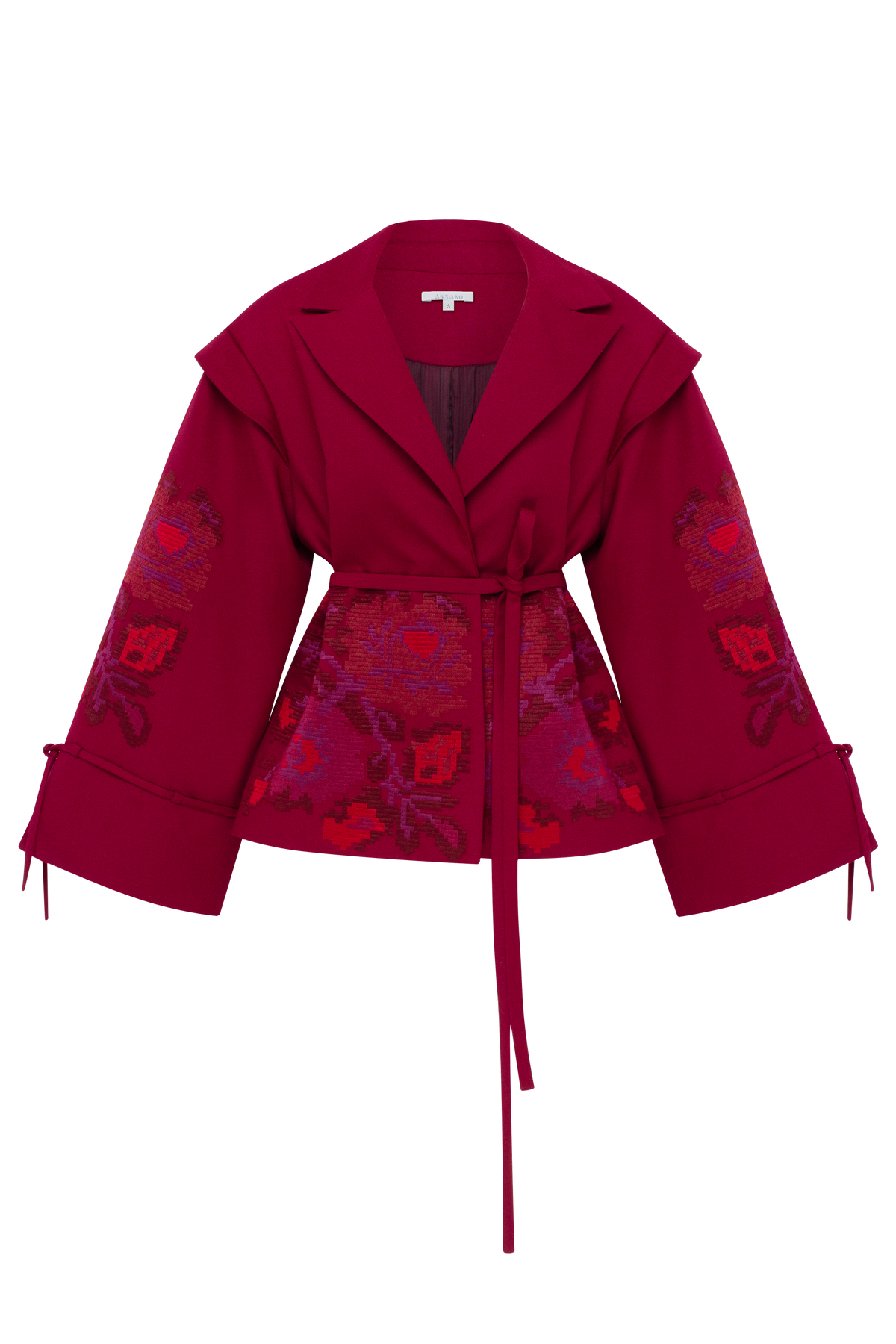 Crimson Pixel Rose embroidered wool peplum jacket