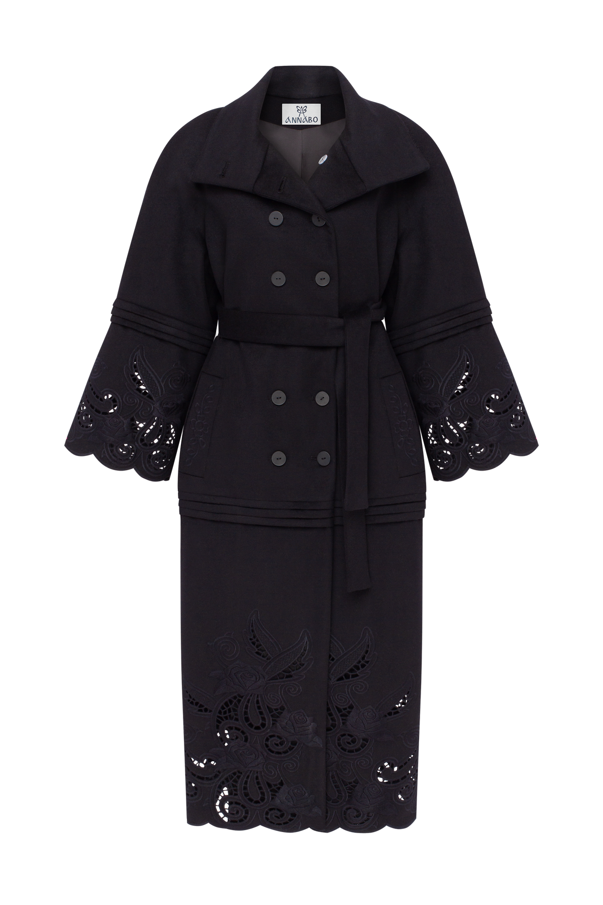 Rose Eclipse Black Wool & Cashmere Eyelet Coat