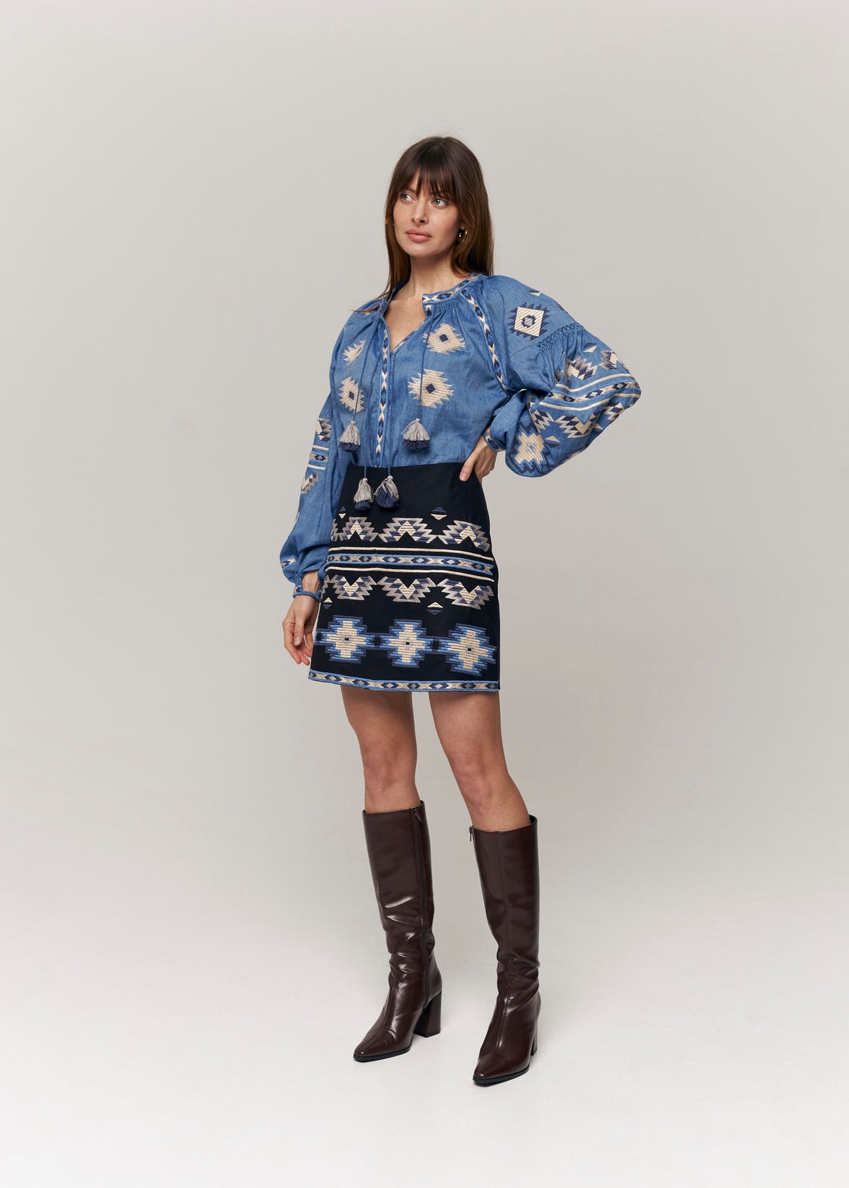 Rombé Geometric Embroidered Wool Mini Skirt – Blue