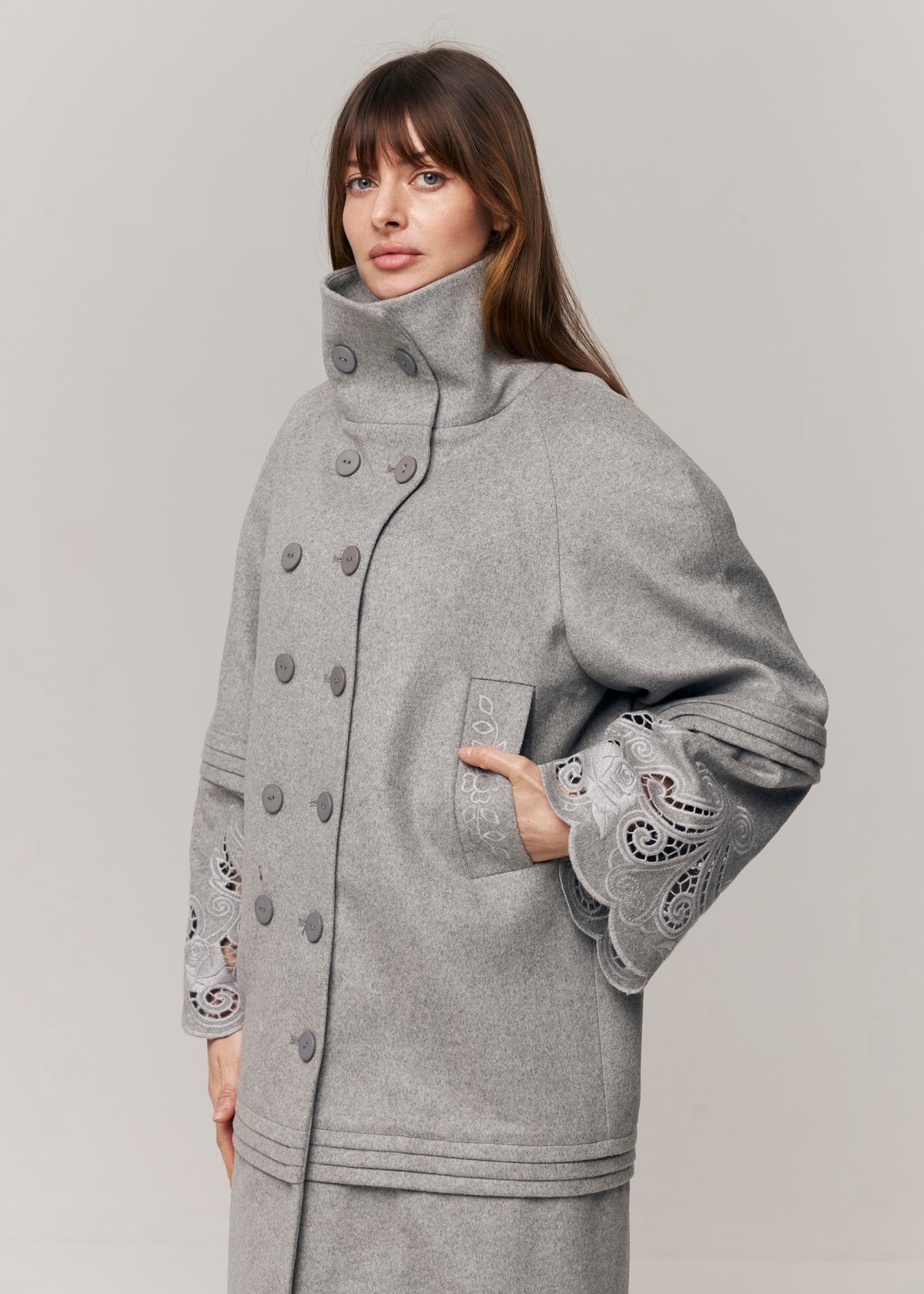 Rose Eclipse Grey Wool & Cashmere Eyelet Coat