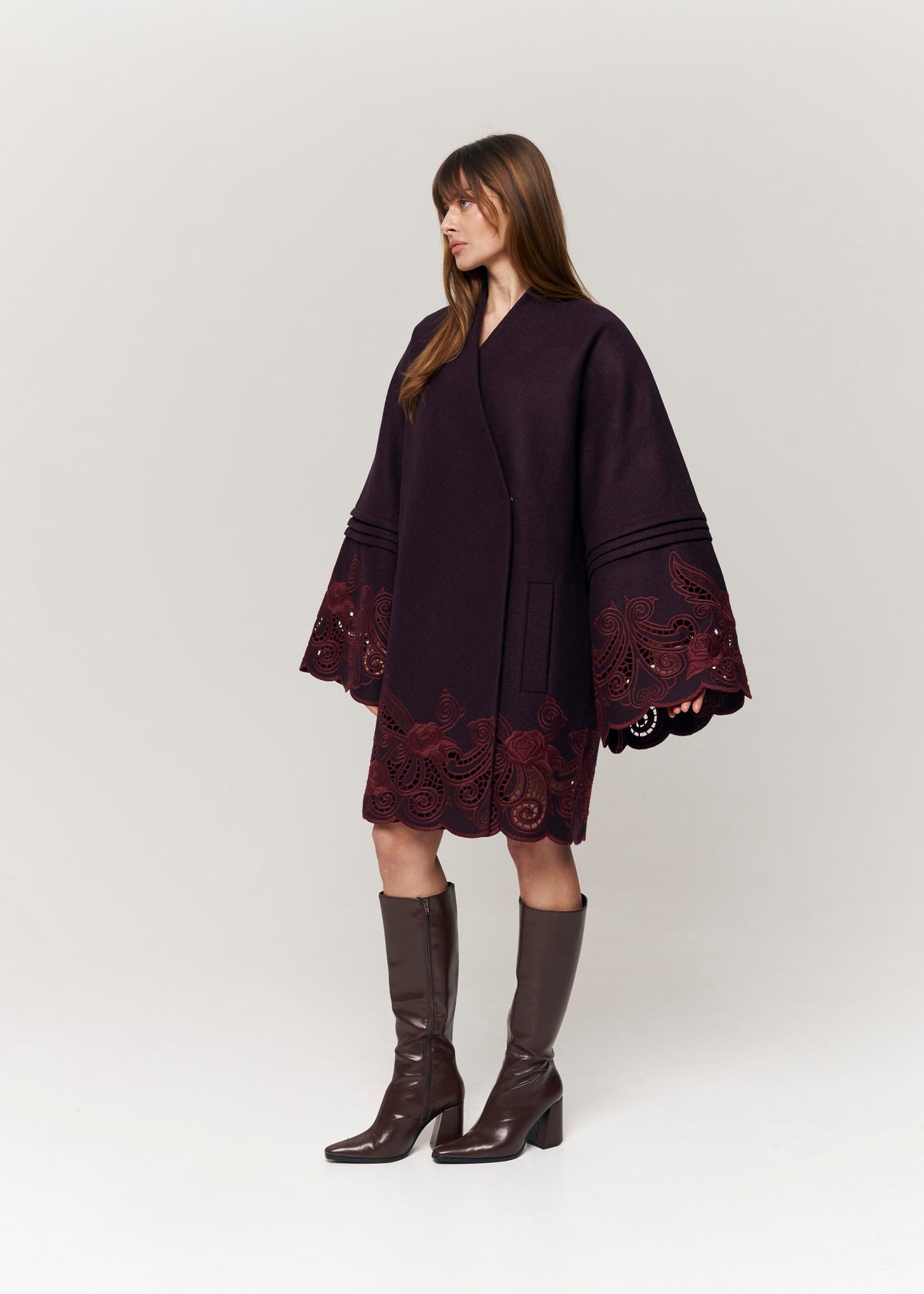 Winter Plum Embroidered Wool Wrap Coat