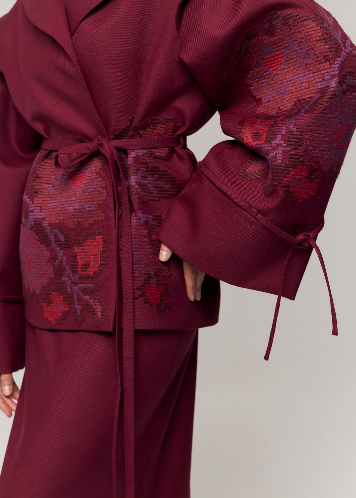 Crimson Pixel Rose Embroidered Wool Maxi Skirt