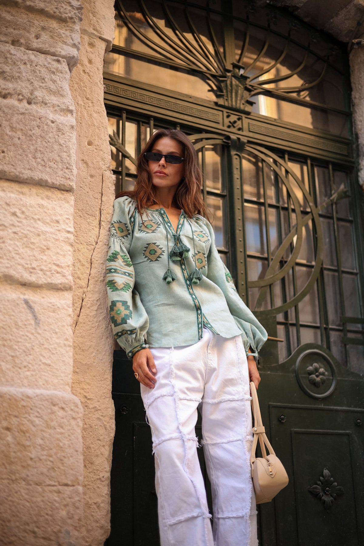 Rombé Geometric Embroidered Linen Blouse – Green