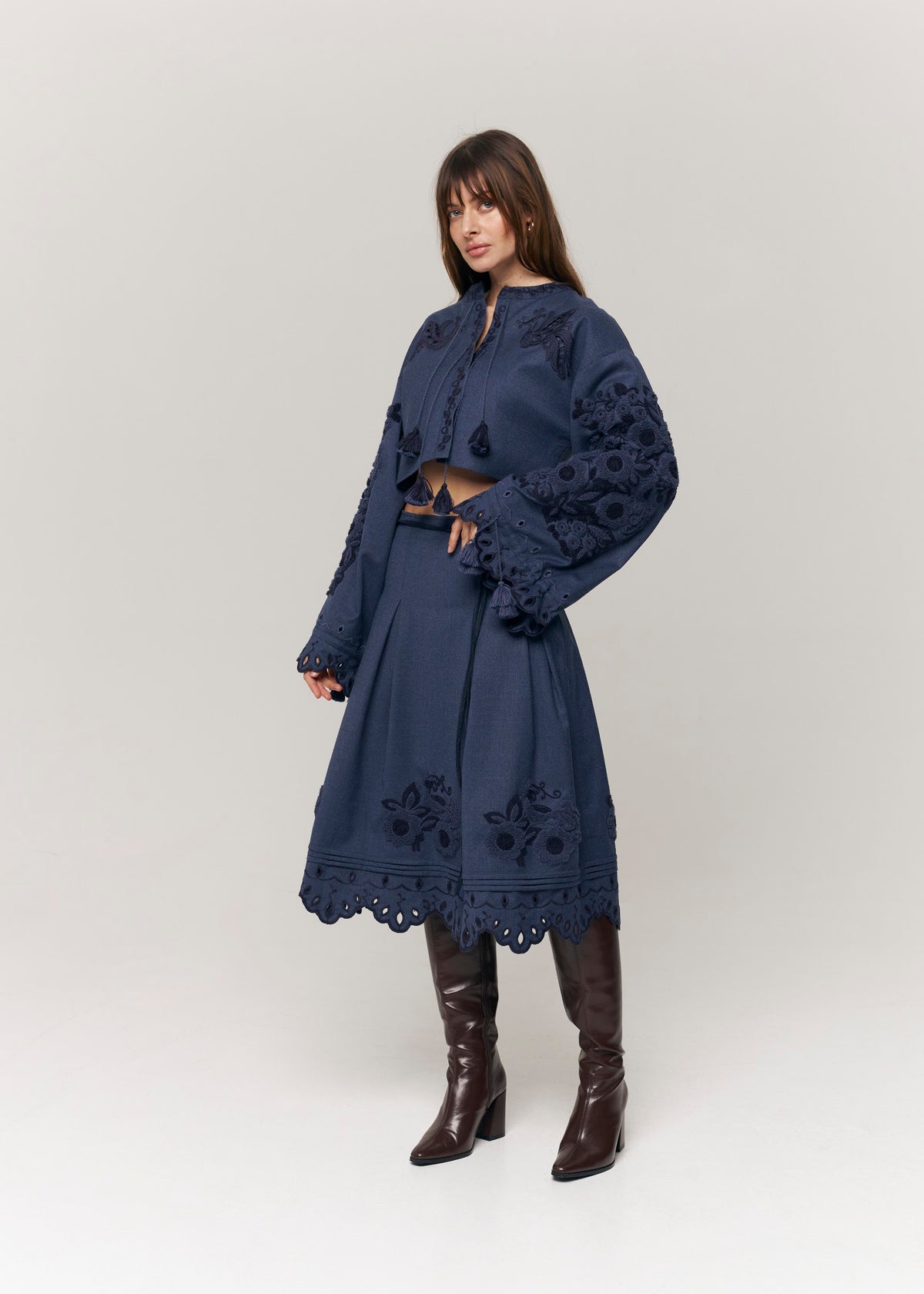Midnight Mirage Embroidered Cropped Jacket – Blue