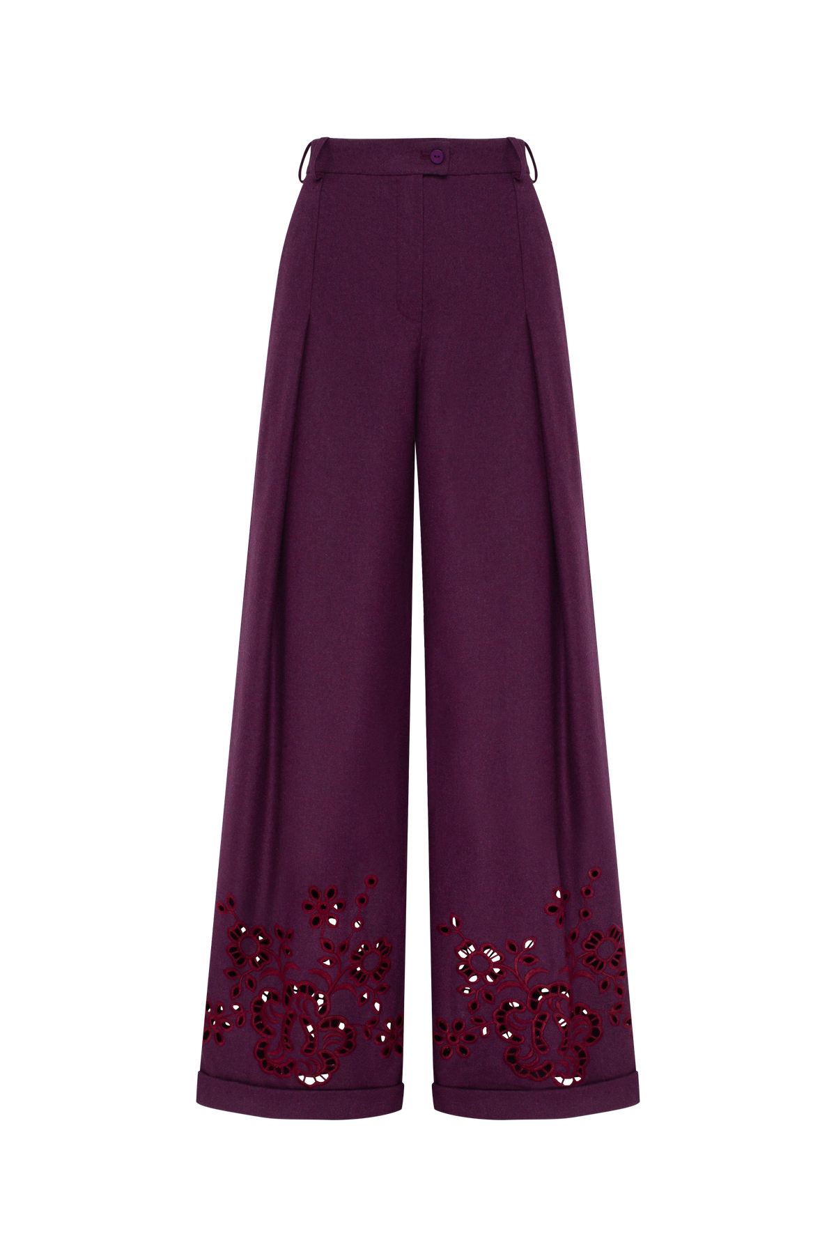 Burgundy Rose Eyelet Embroidered Wide-Leg Pants