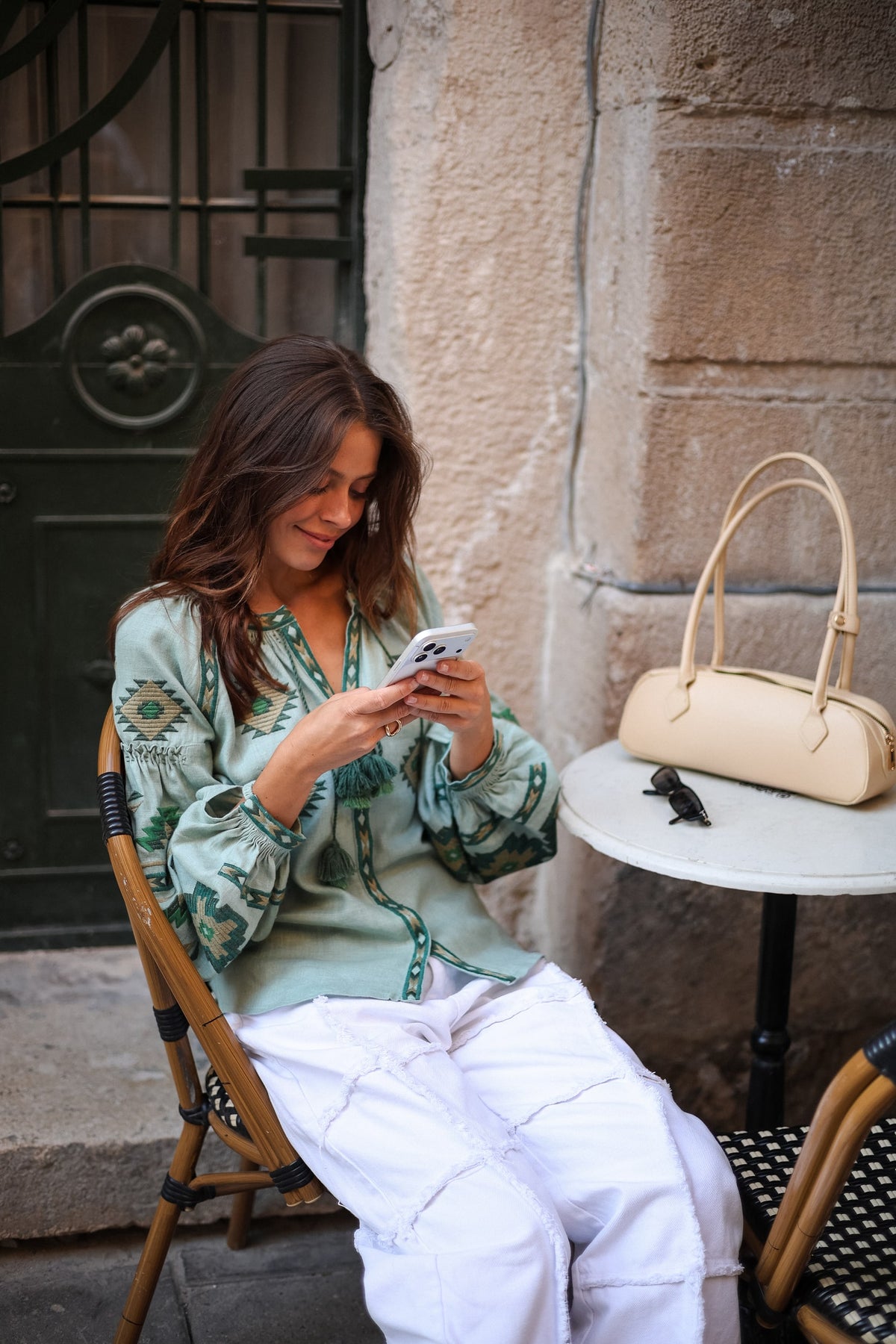 Rombé Geometric Embroidered Linen Blouse – Green