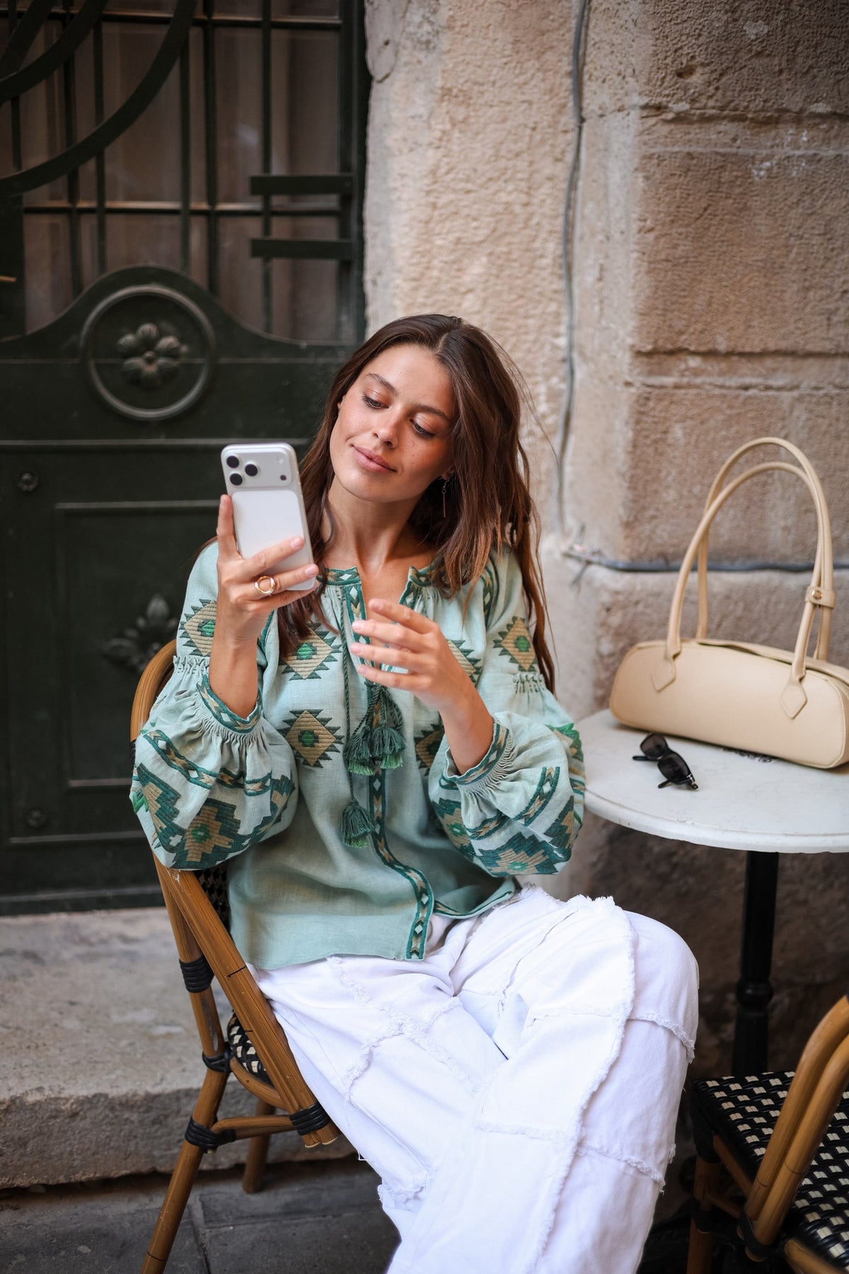 Rombé Geometric Embroidered Linen Blouse – Green