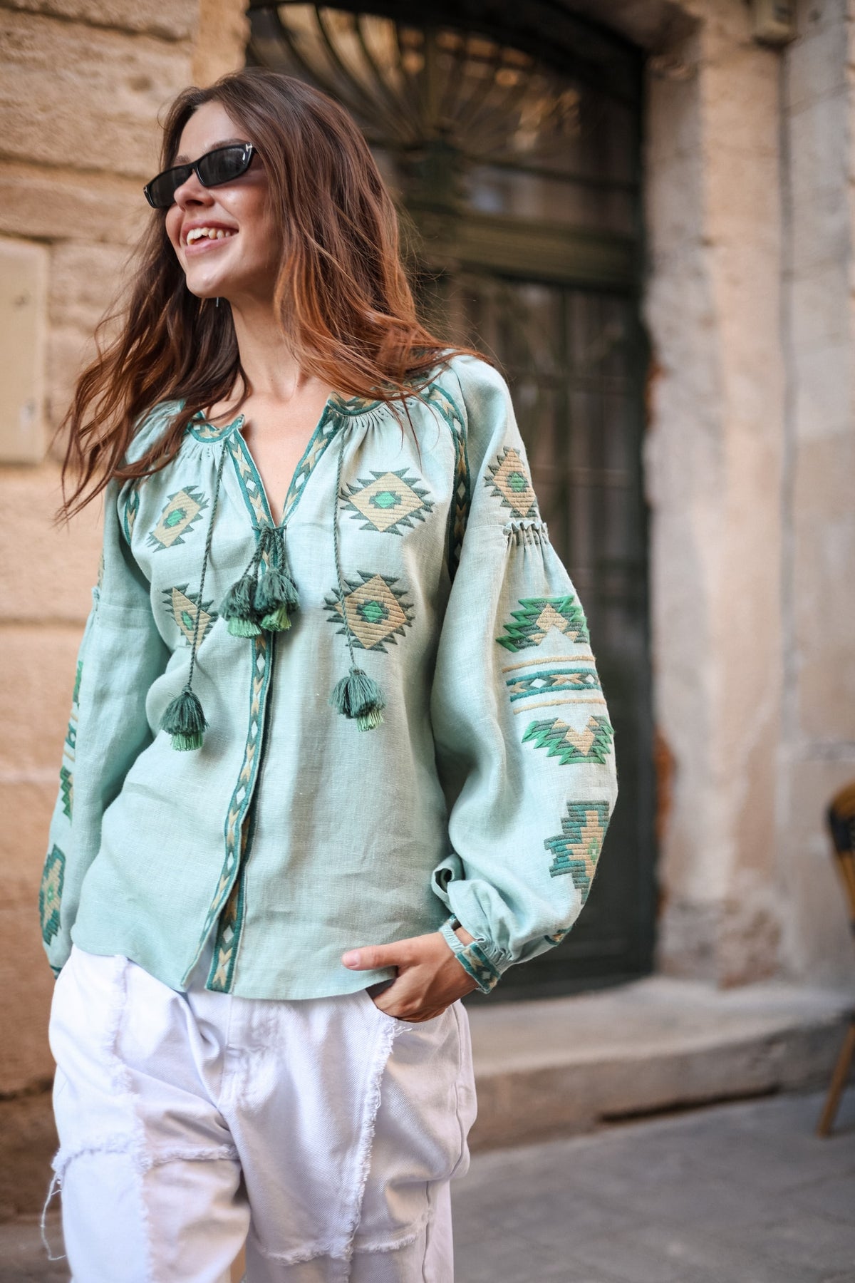 Rombé Geometric Embroidered Linen Blouse – Green
