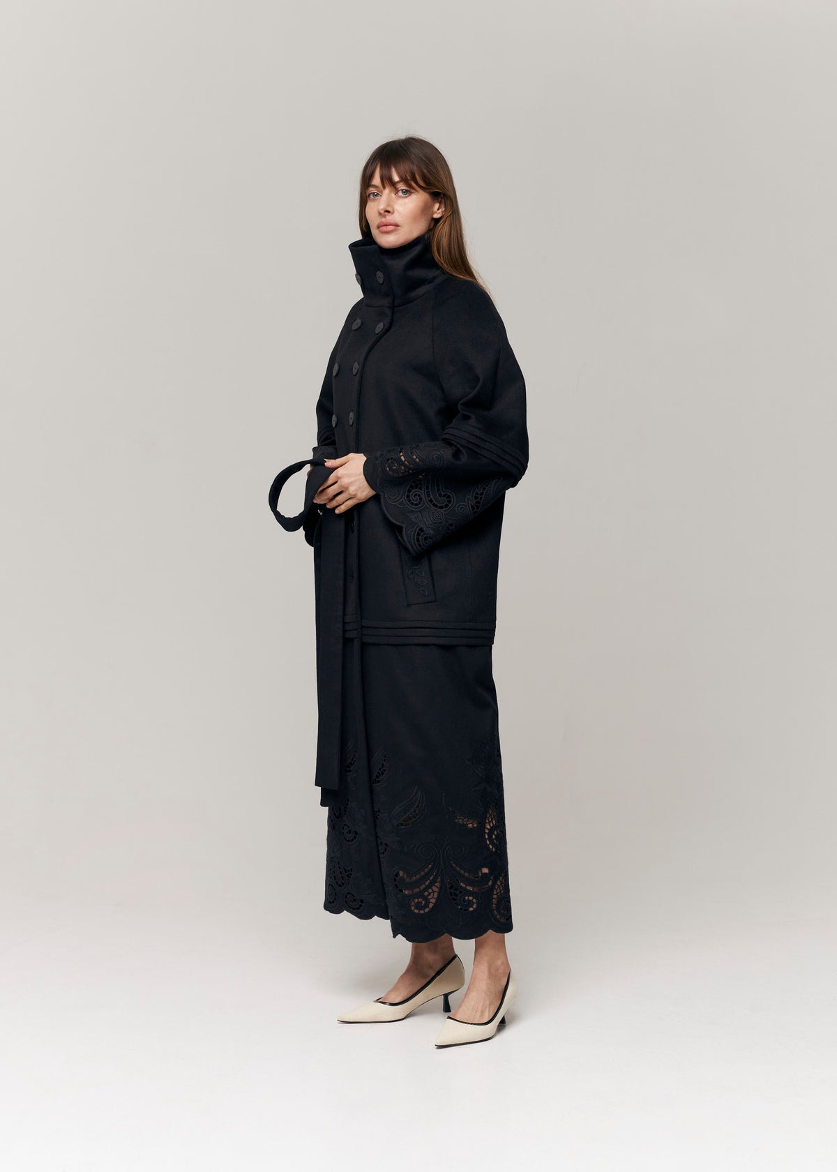 Rose Eclipse Black Wool & Cashmere Eyelet Coat