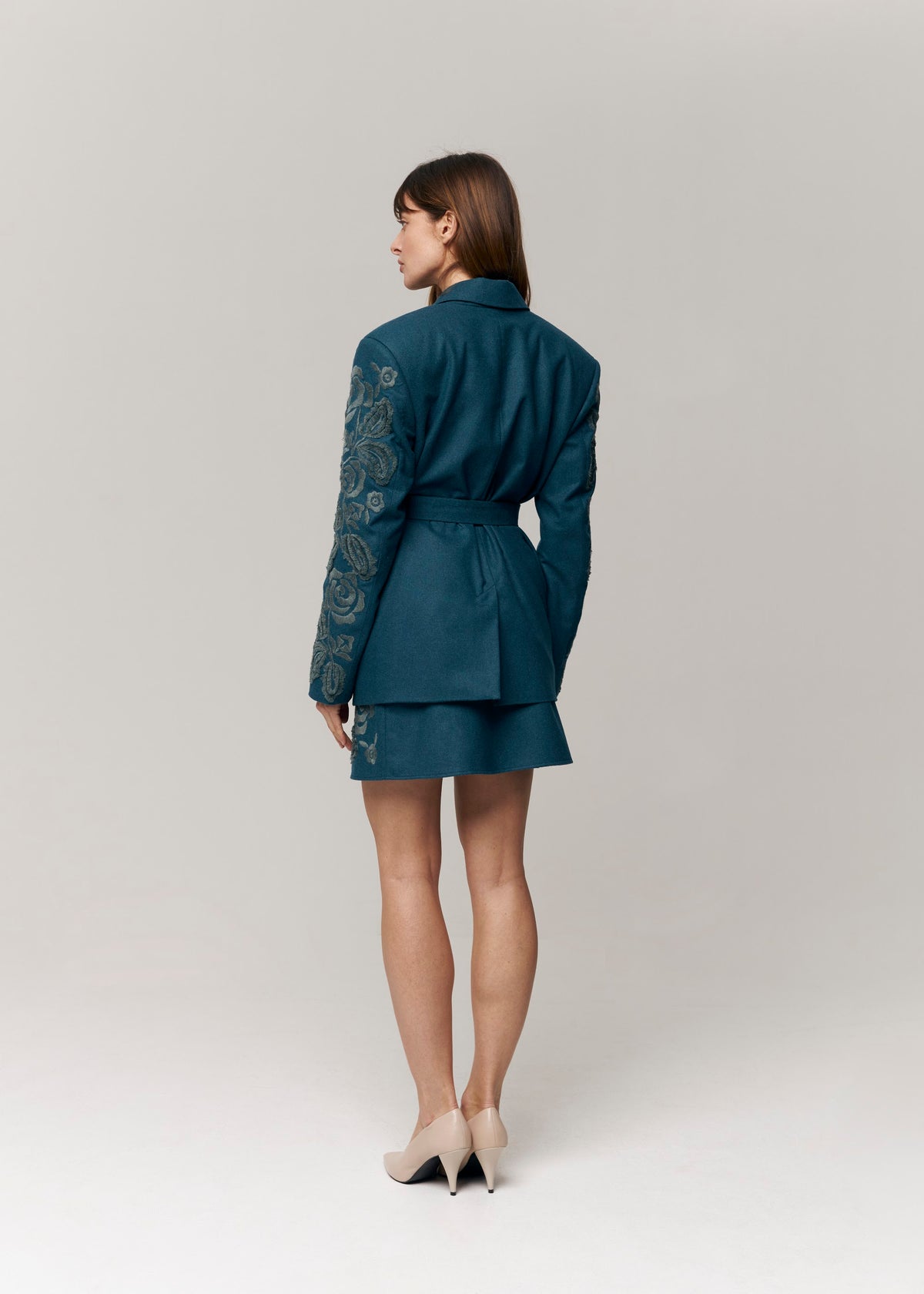 Velvet Rose Embroidered Wide-Leg Pants — Deep Teal