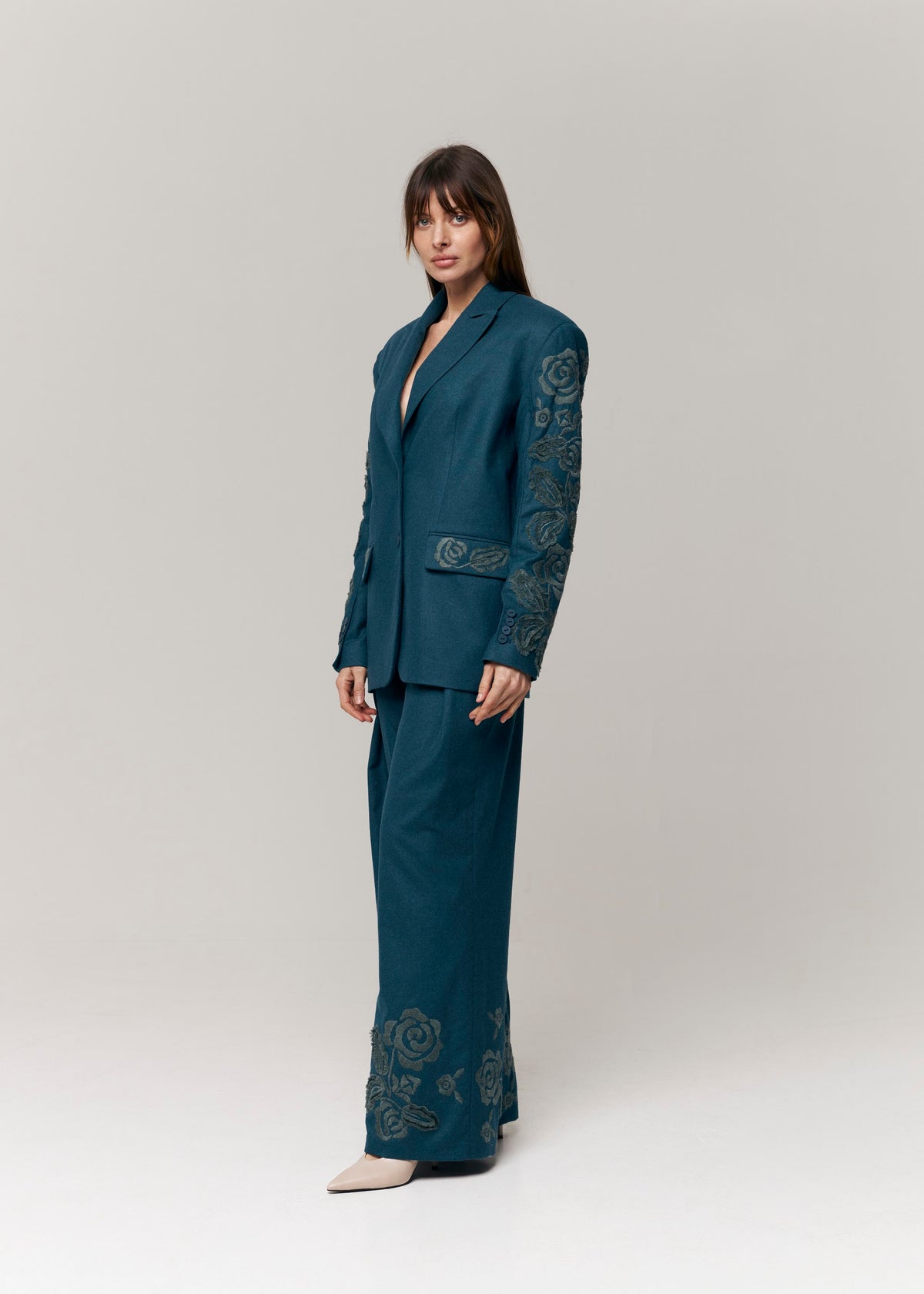 Velvet Rose Embroidered Wide-Leg Pants — Deep Teal