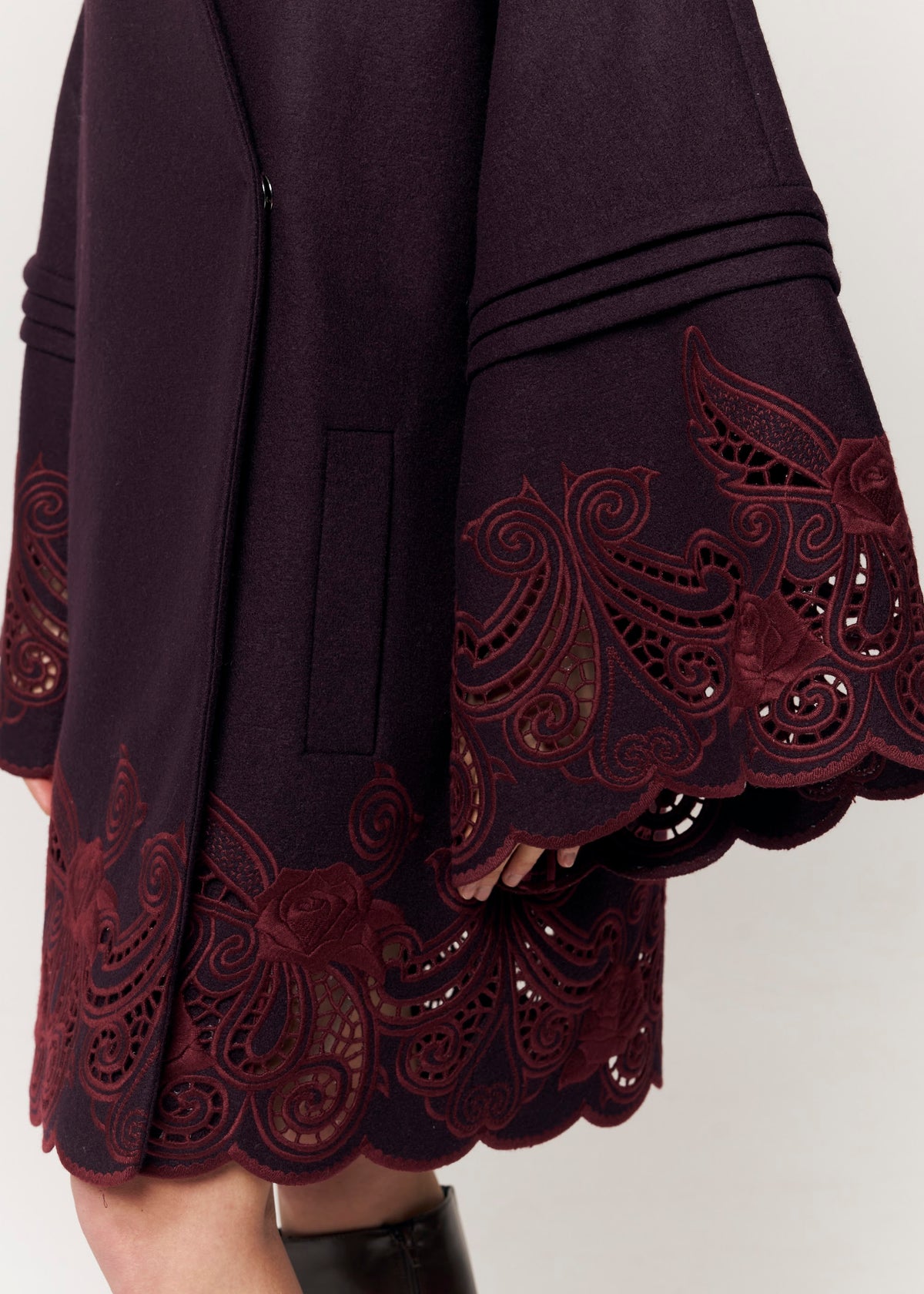 Winter Plum Embroidered Wool Wrap Coat