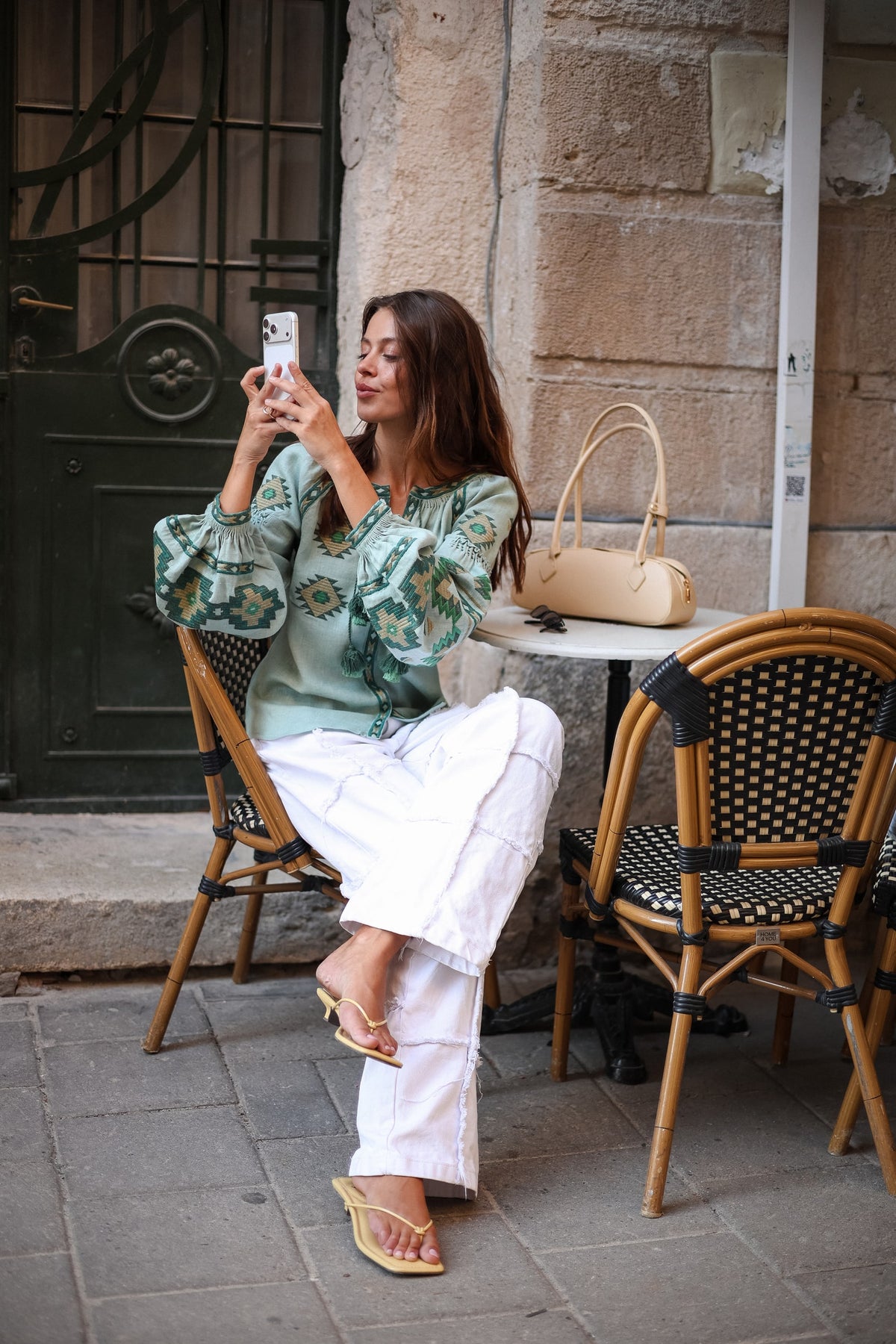 Rombé Geometric Embroidered Linen Blouse – Green