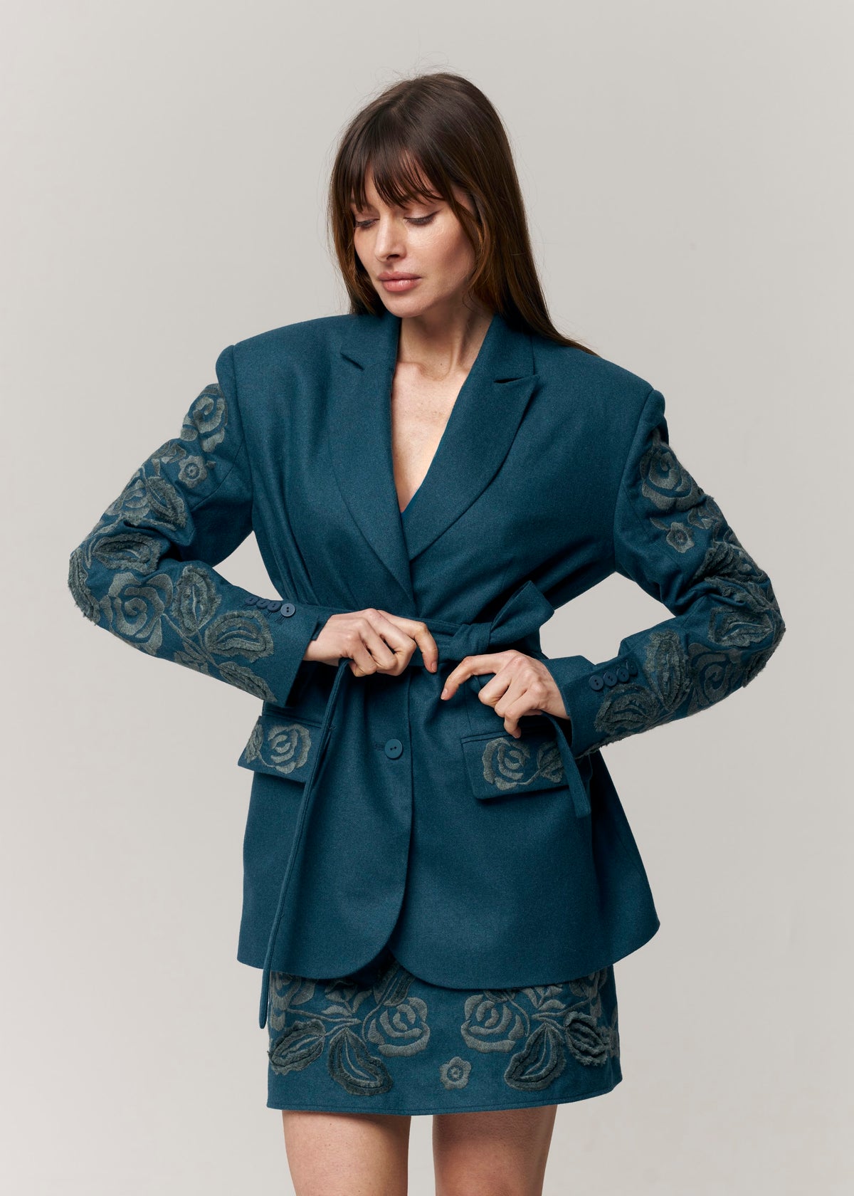 Velvet Rose Embroidered Wide-Leg Pants — Deep Teal