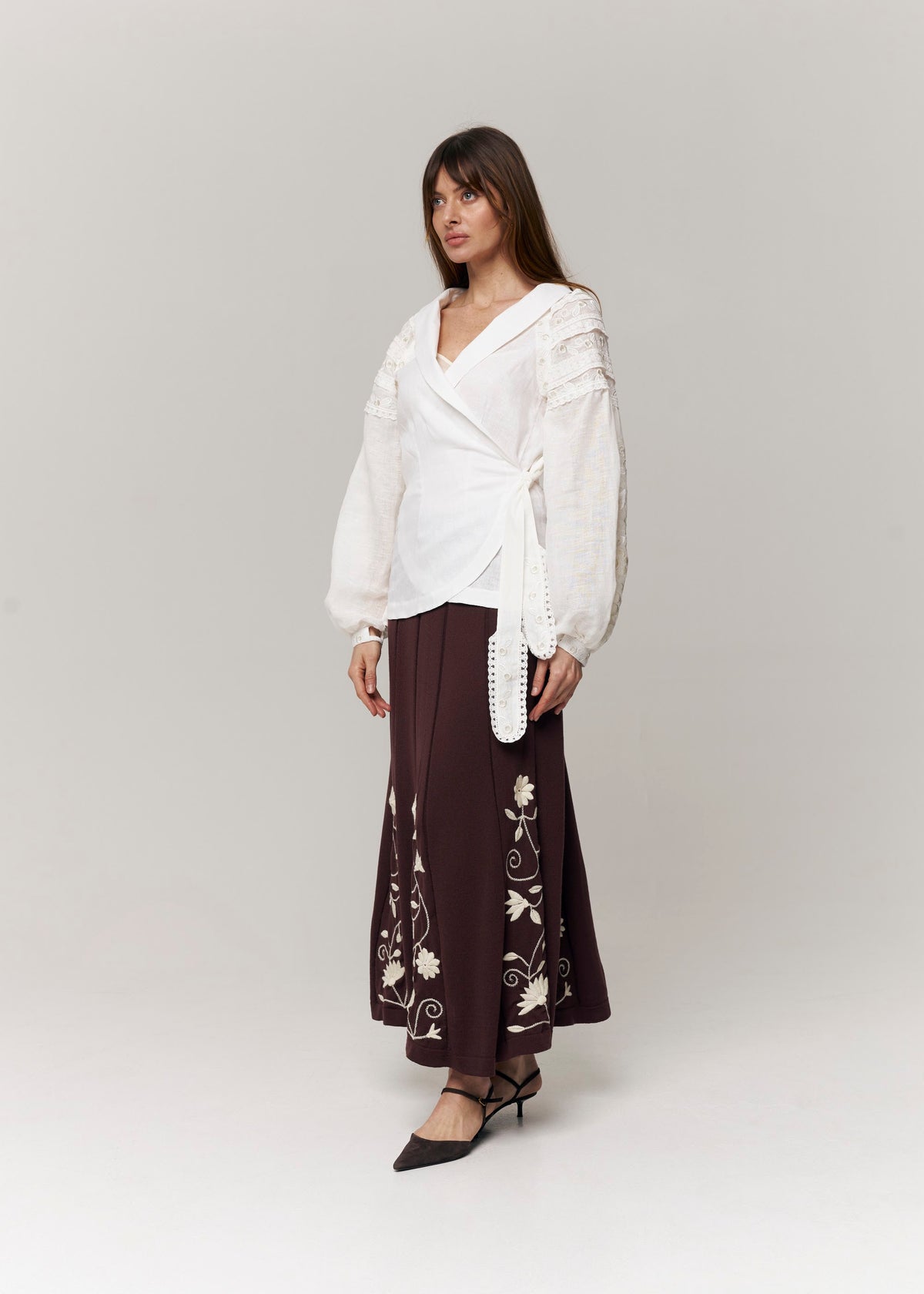 Roseveil Embroidered Linen Wrap Blouse – White
