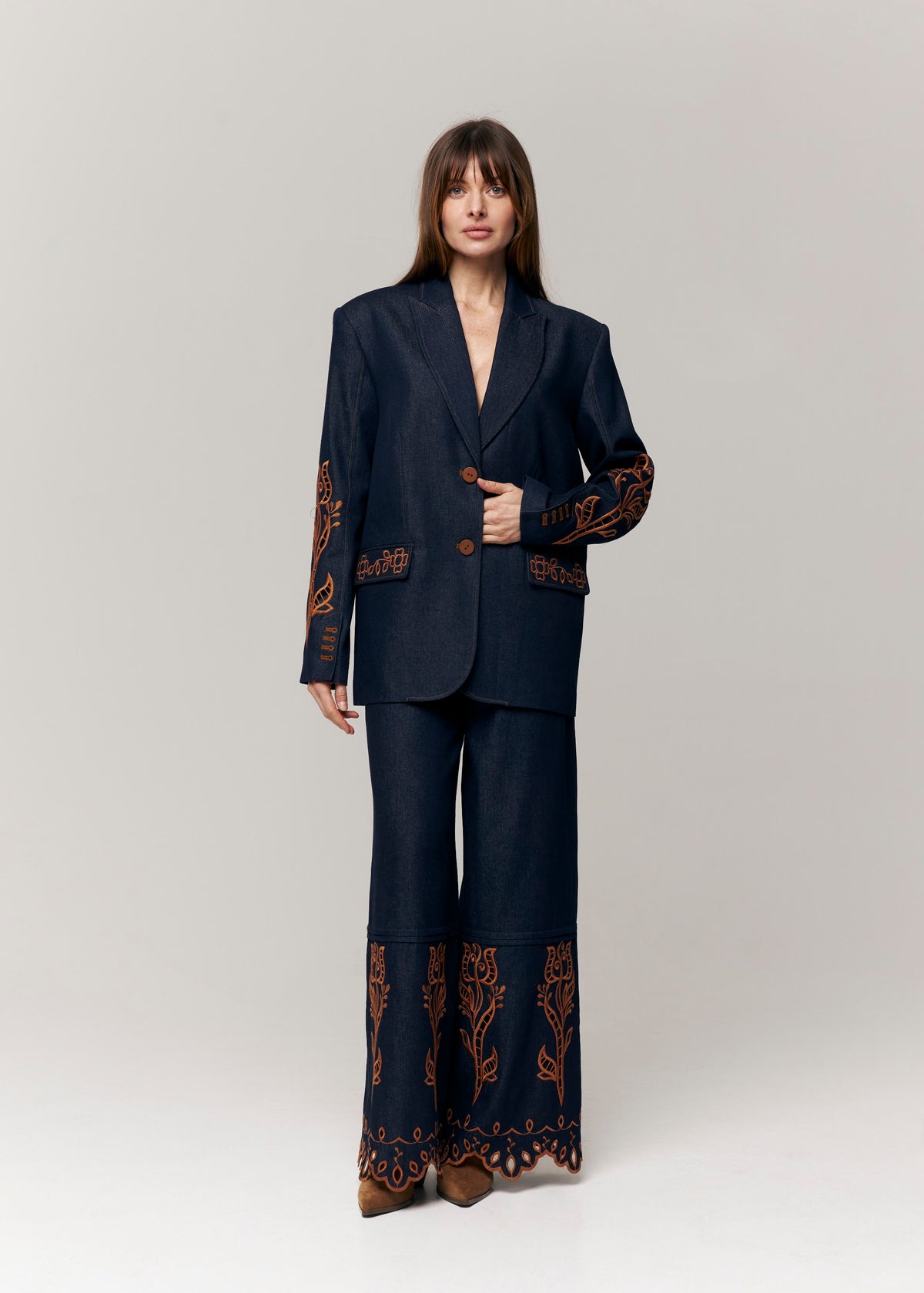 Velvet Rose Embroidered Denim Wide-Leg Pants