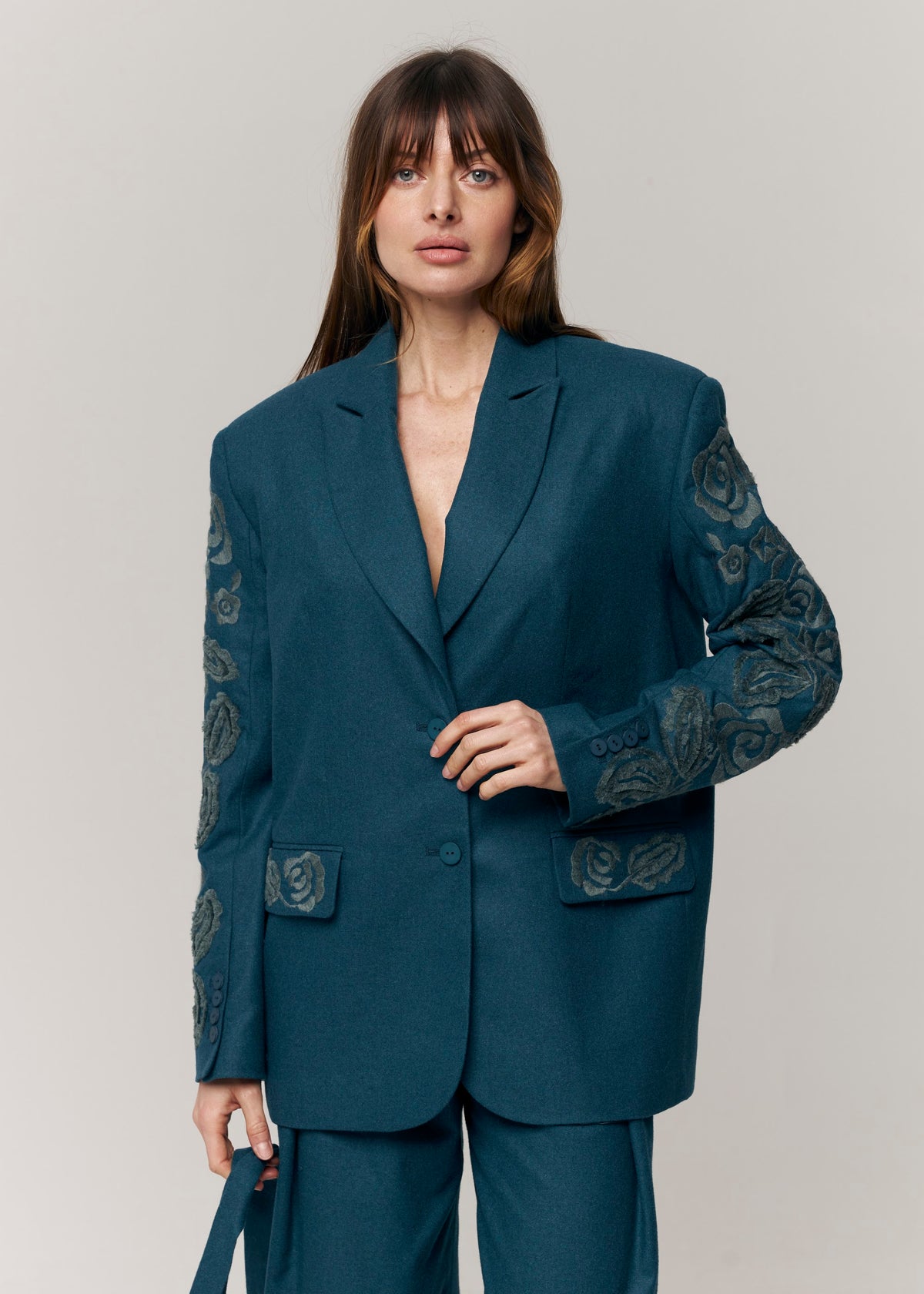 Velvet Rose Embroidered Wide-Leg Pants — Deep Teal