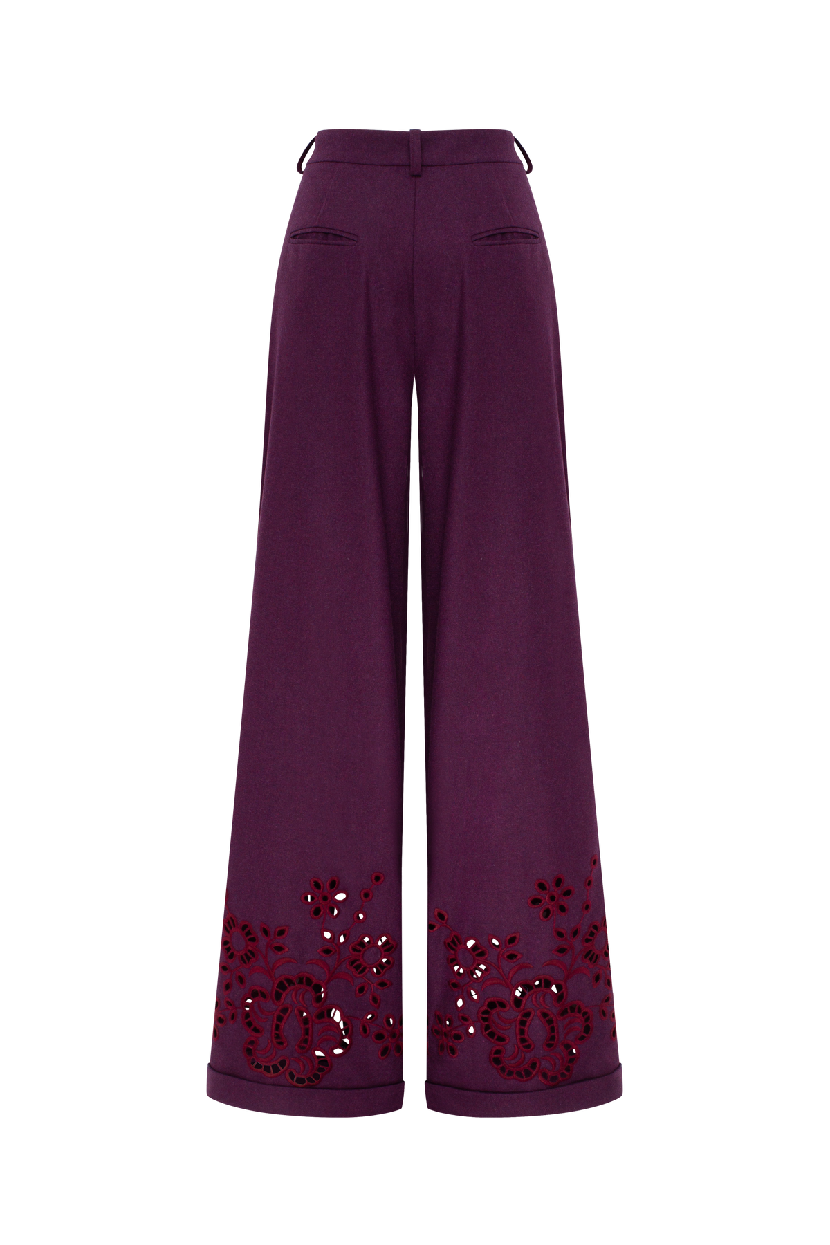 Burgundy Rose Eyelet wide-leg pants in a wool blend