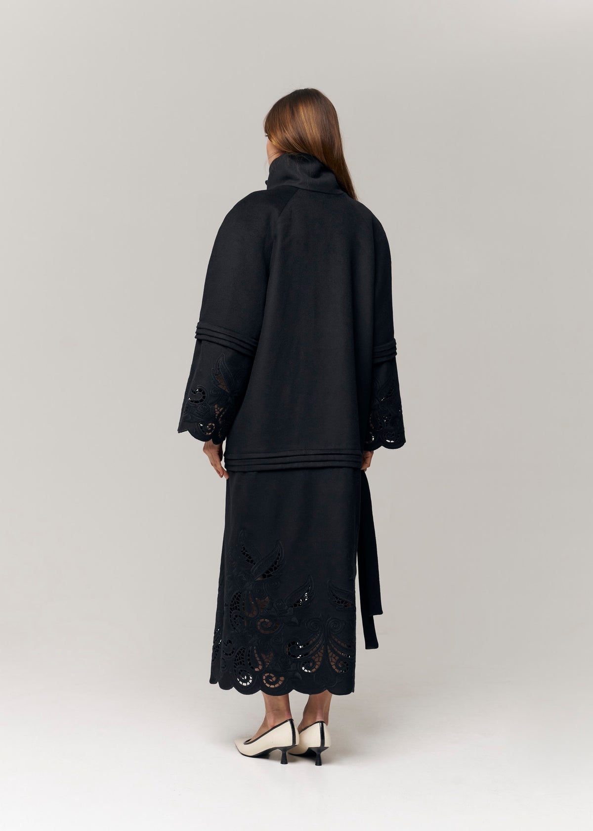 Rose Eclipse Black Wool & Cashmere Eyelet Coat