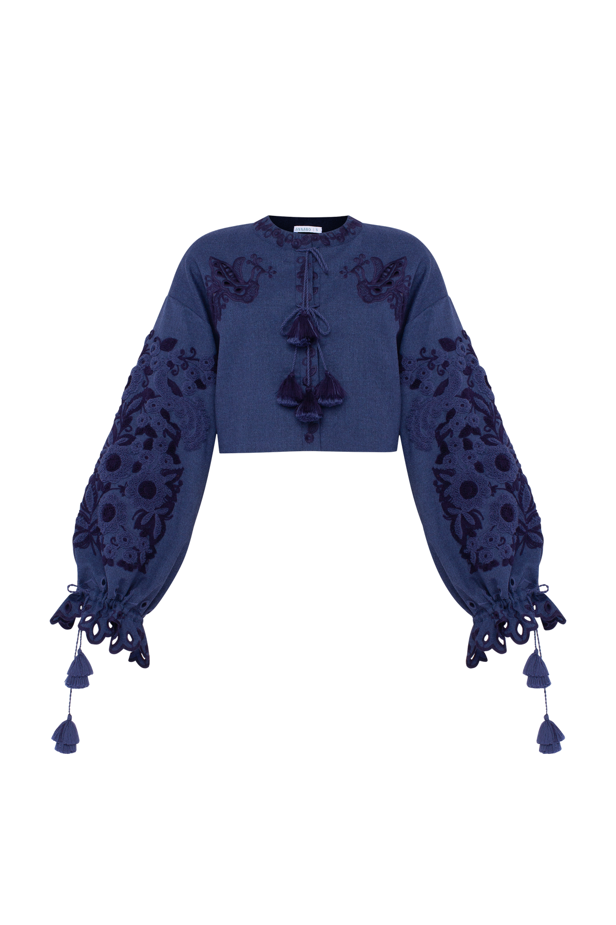 MIDNIGHT MIRAGE blue embroidered cropped jacket by ANNABO