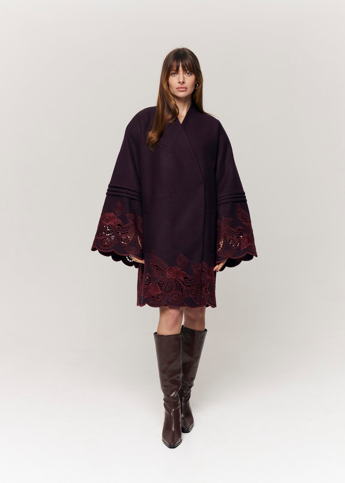 Winter Plum Embroidered Wool Wrap Coat