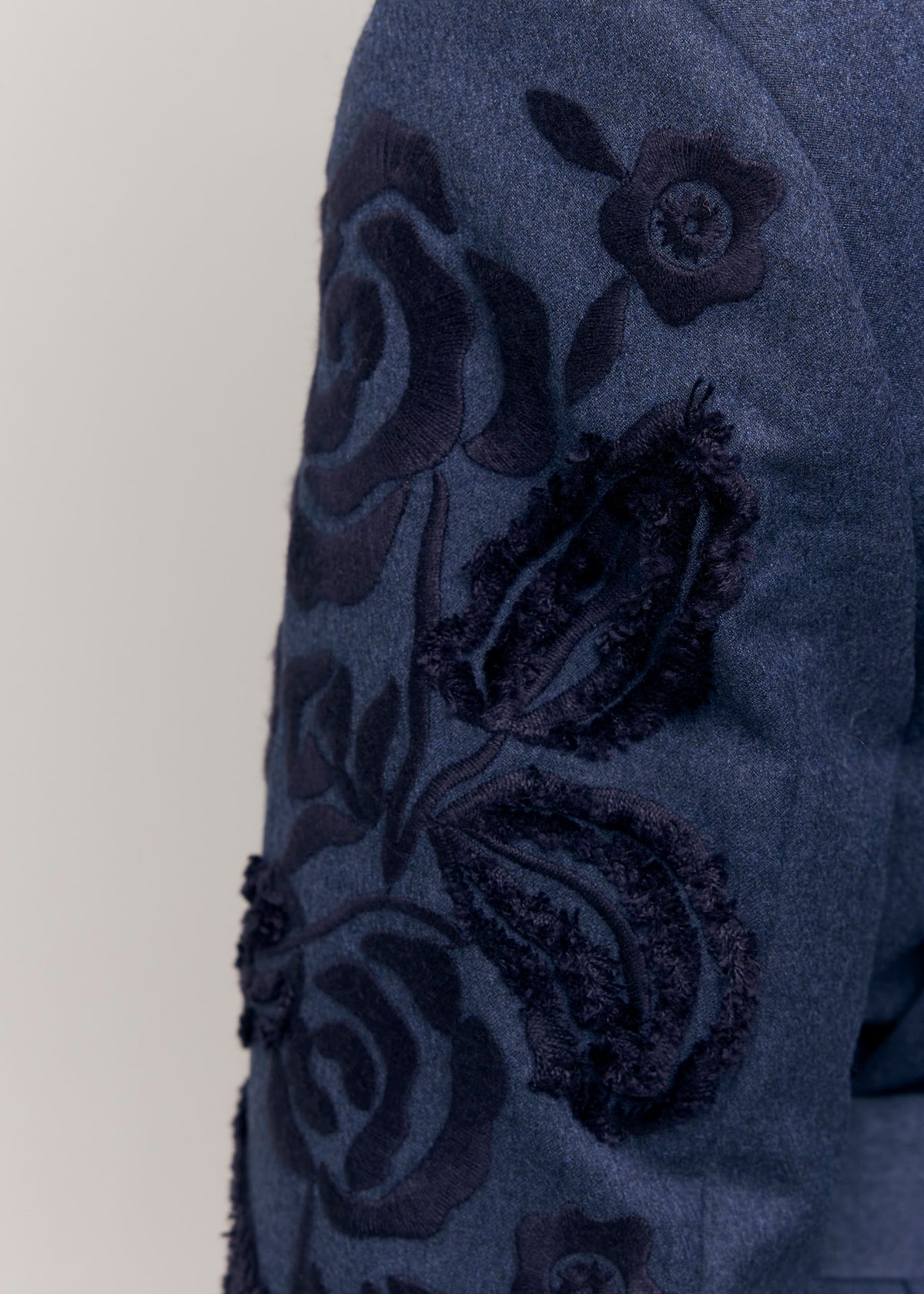Velvet Rose Embroidered Wool Wide-Leg Pants — Steel Blue
