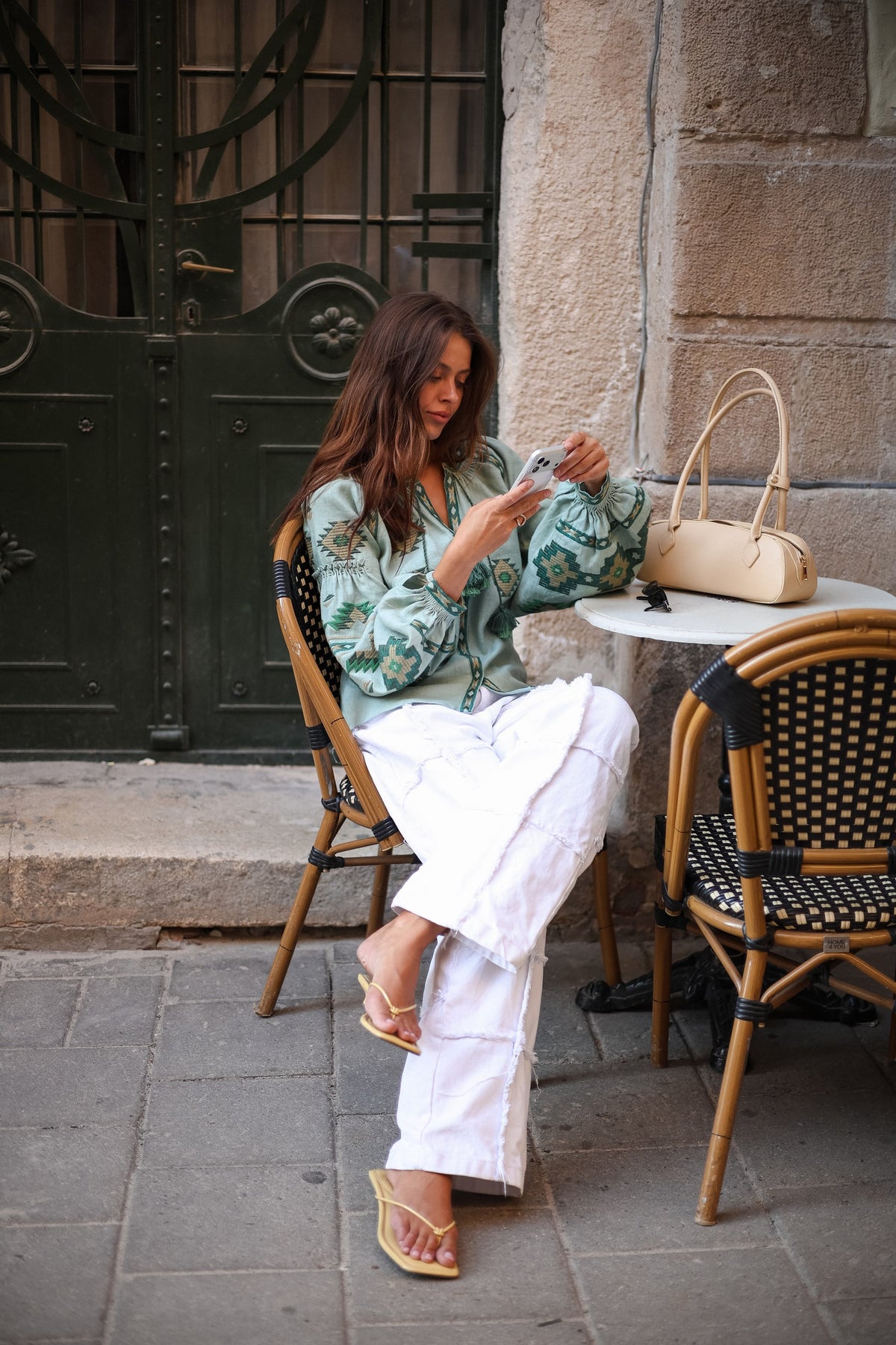 Rombé Geometric Embroidered Linen Blouse – Green
