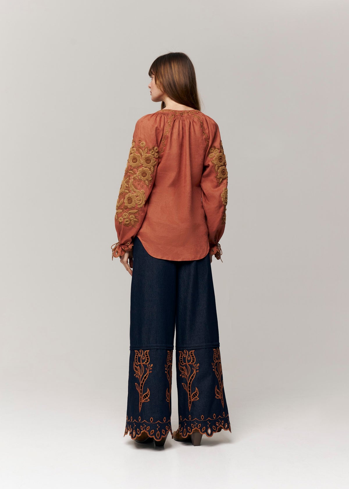 Harvest Sun Floral Embroidered Linen Blouse – Orange