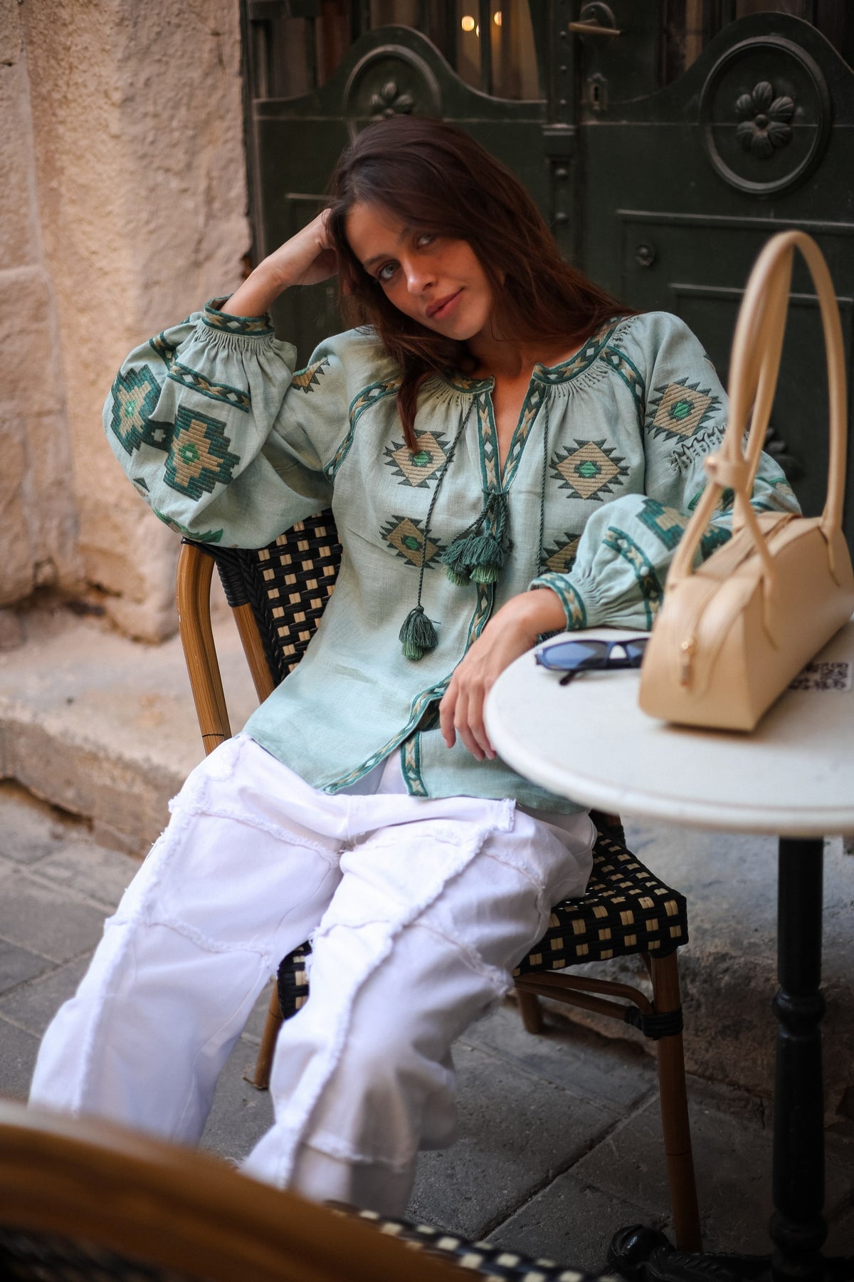 Rombé Geometric Embroidered Linen Blouse – Green