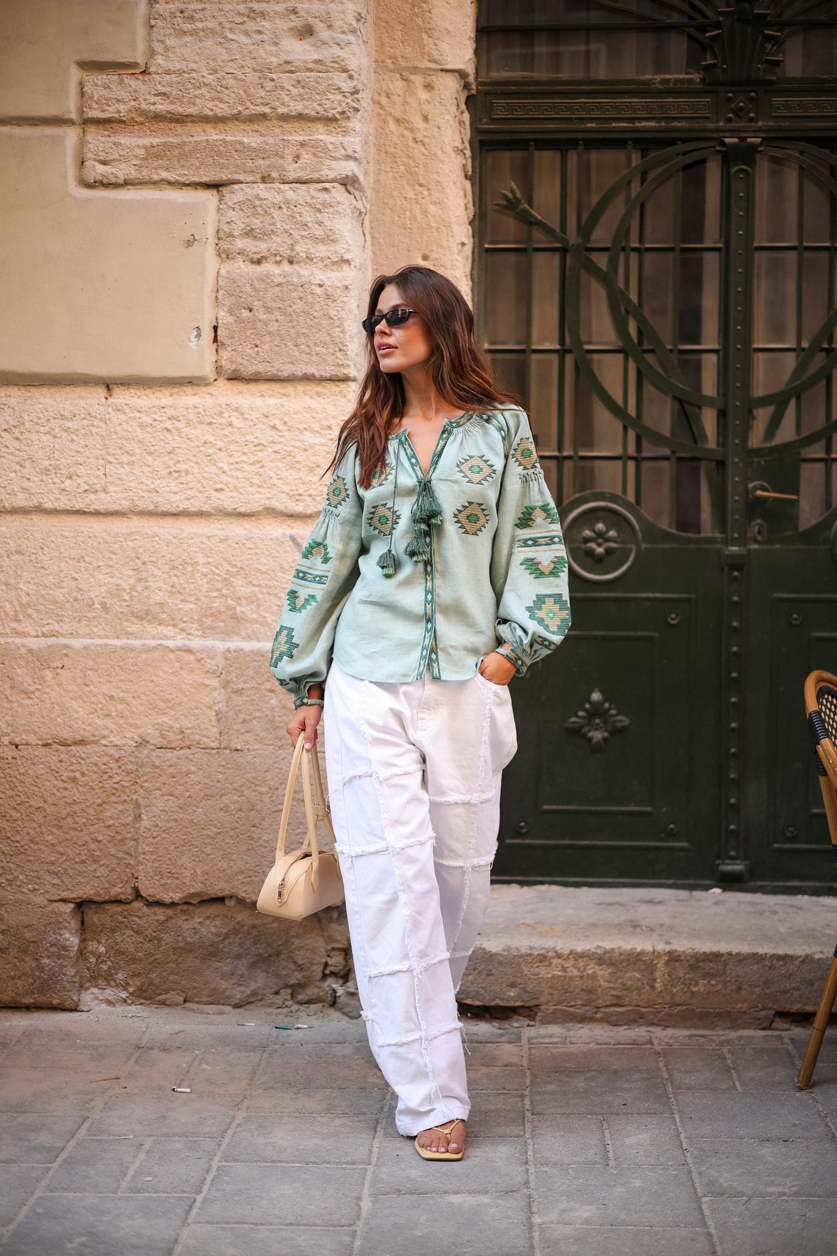 Rombé Geometric Embroidered Linen Blouse – Green
