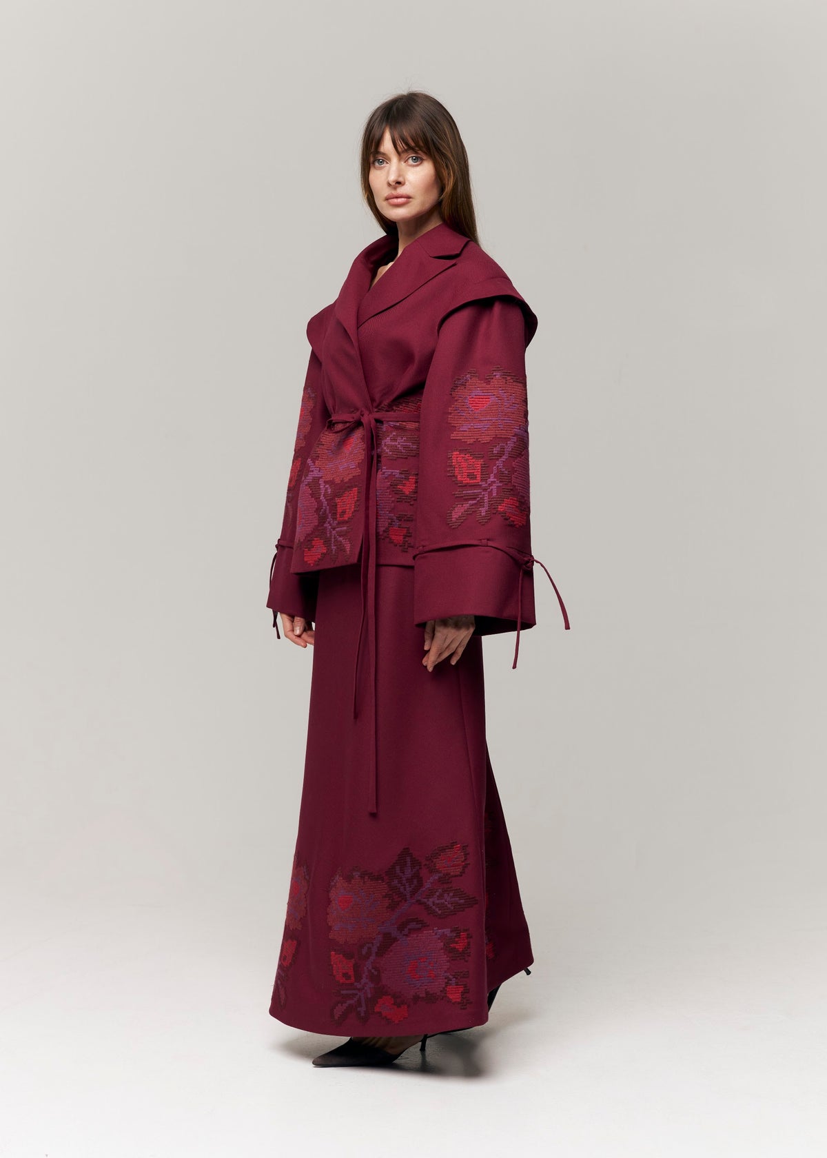 Crimson Pixel Rose Embroidered Wool Peplum Jacket
