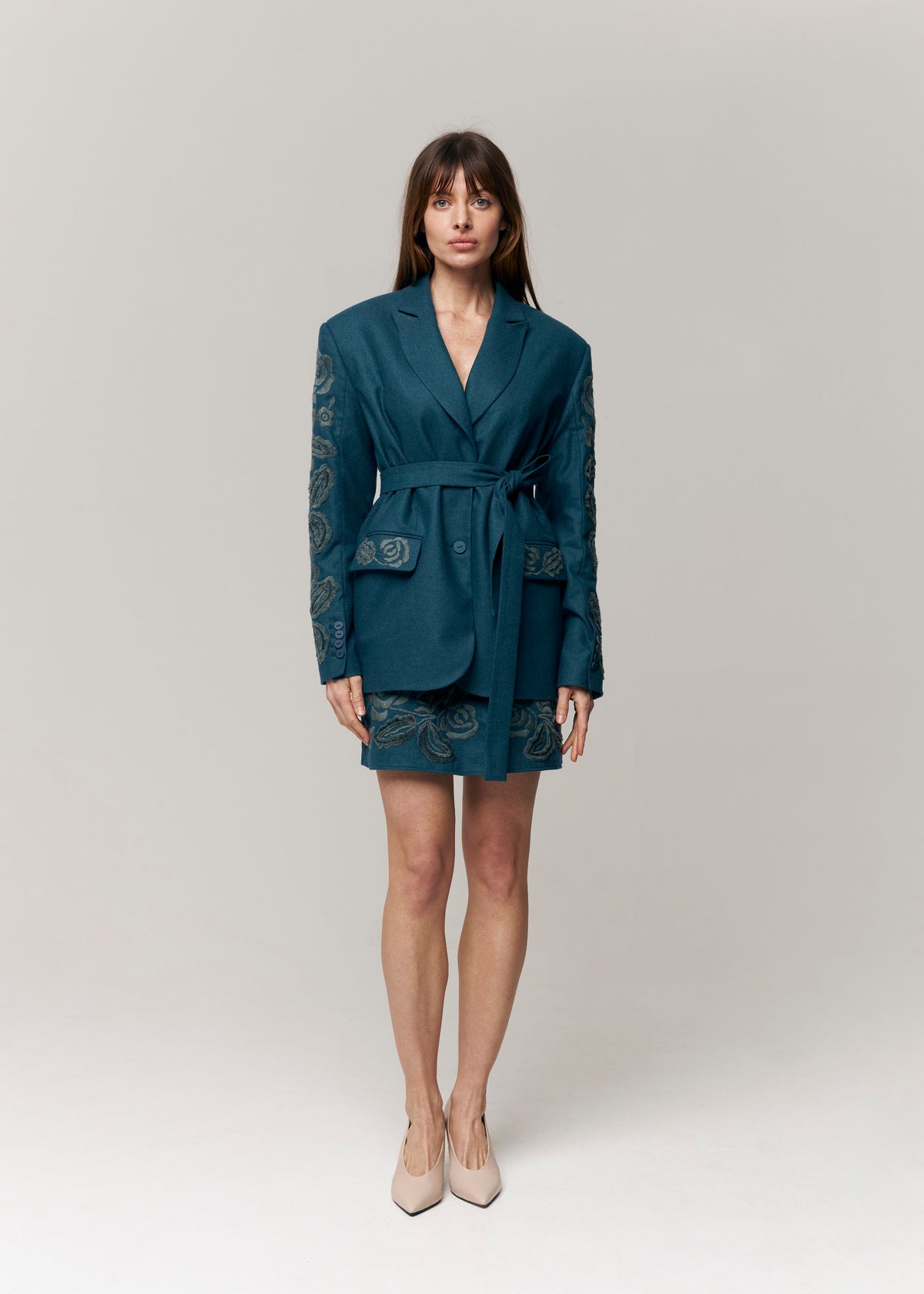 Velvet Rose Embroidered Wide-Leg Pants — Deep Teal