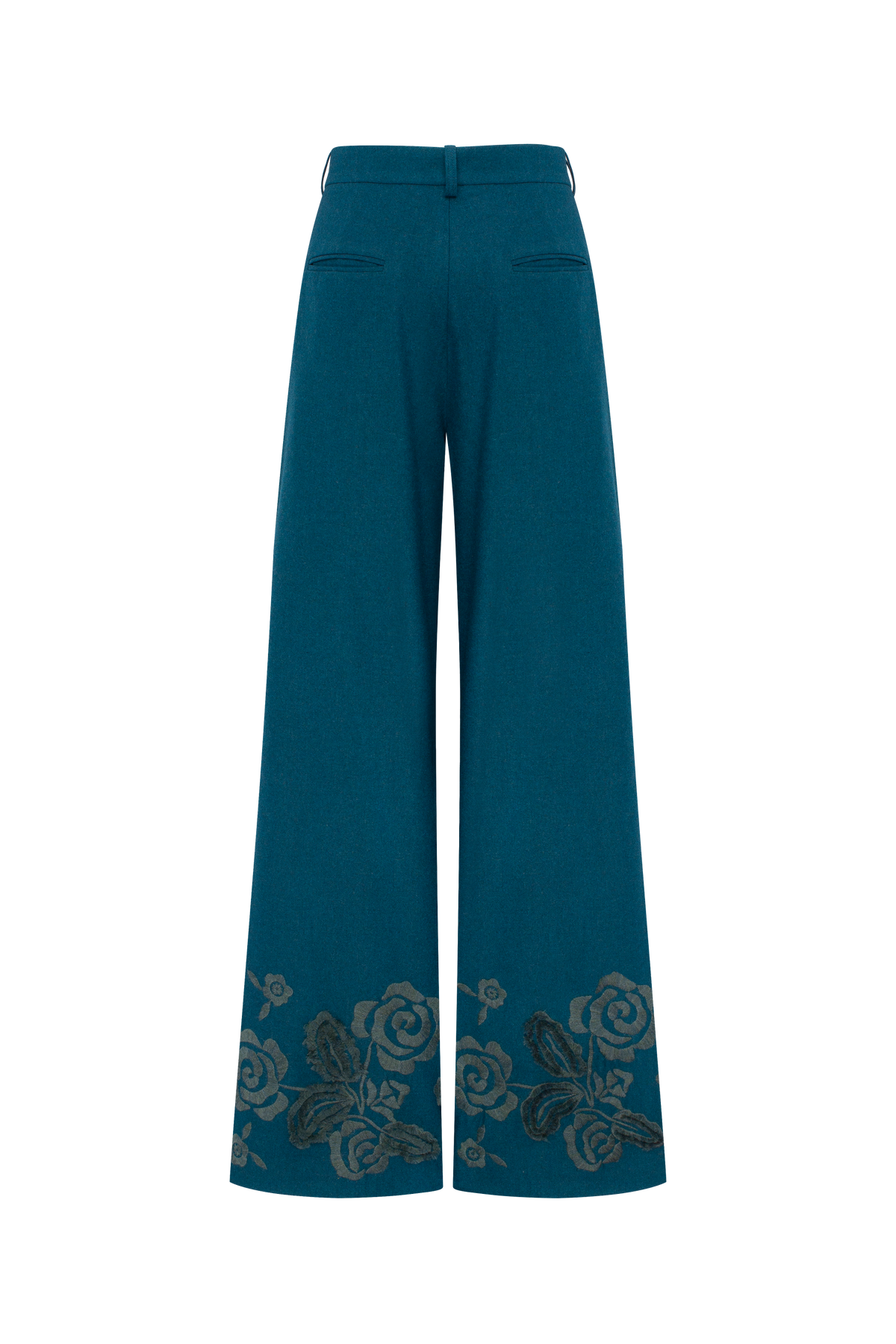 Velvet Rose Embroidered Wide-Leg Pants – Deep Teal