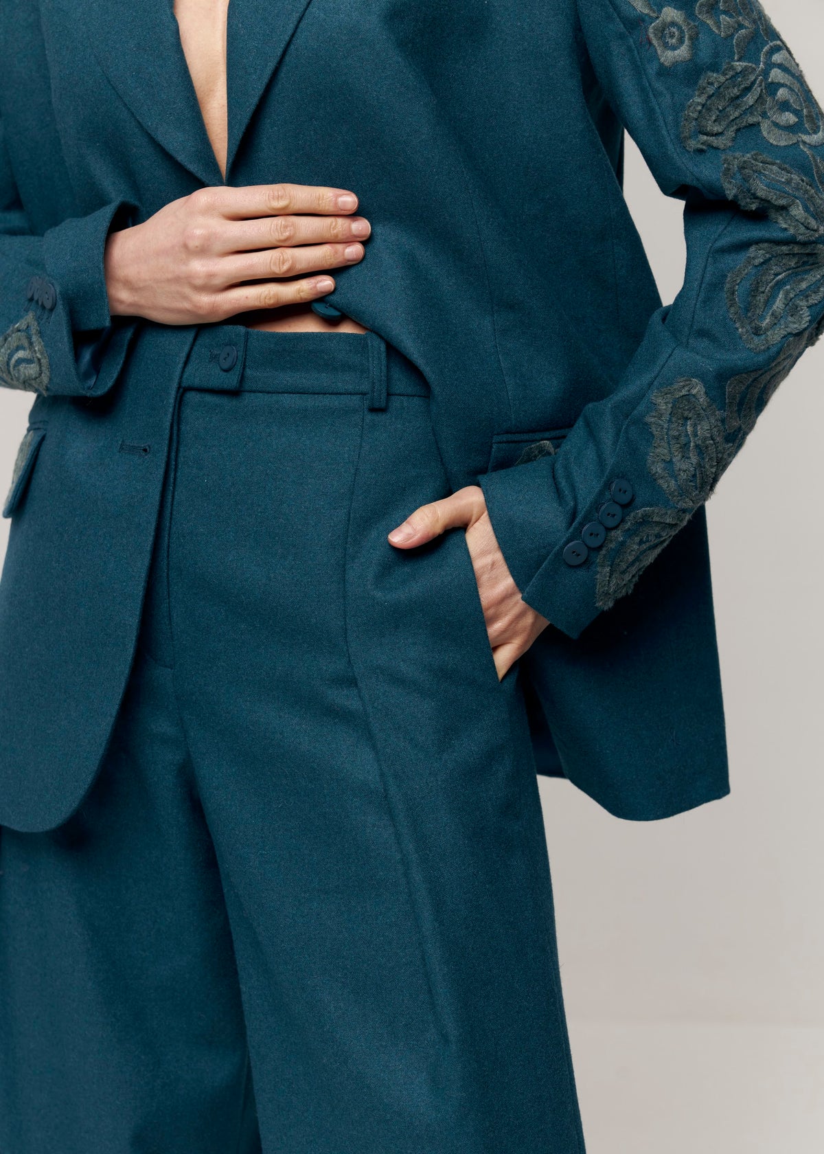Velvet Rose Embroidered Wide-Leg Pants — Deep Teal