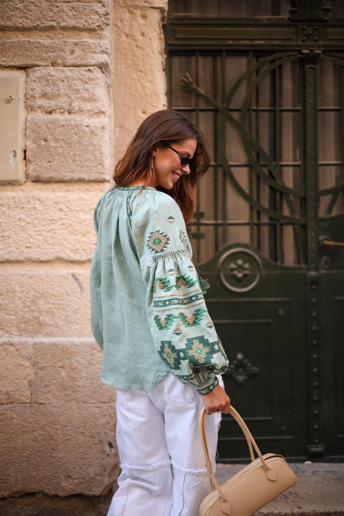 Rombé Geometric Embroidered Linen Blouse – Green
