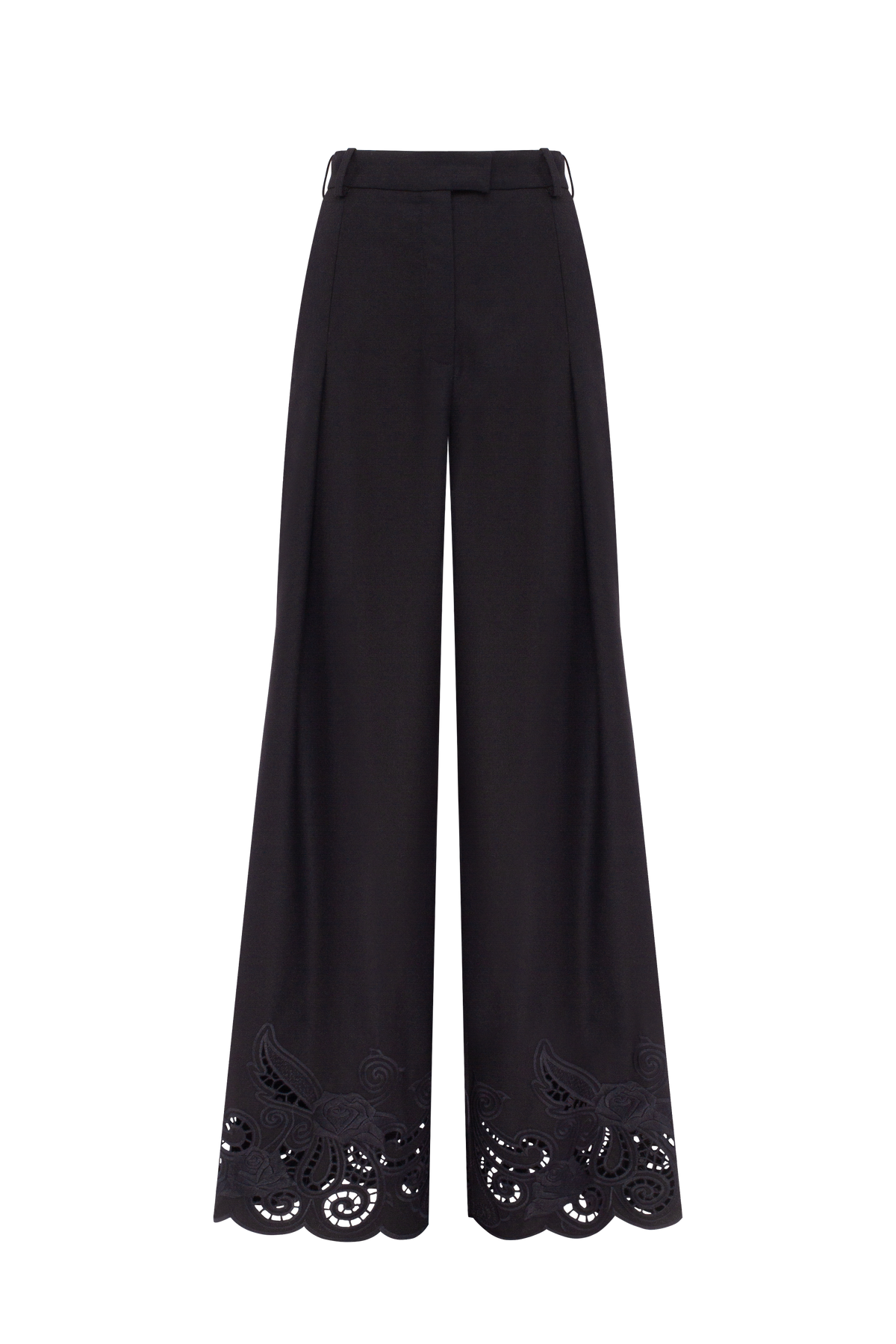 Black Rose Eyelet Embroidered Wool Wide-Leg Pants