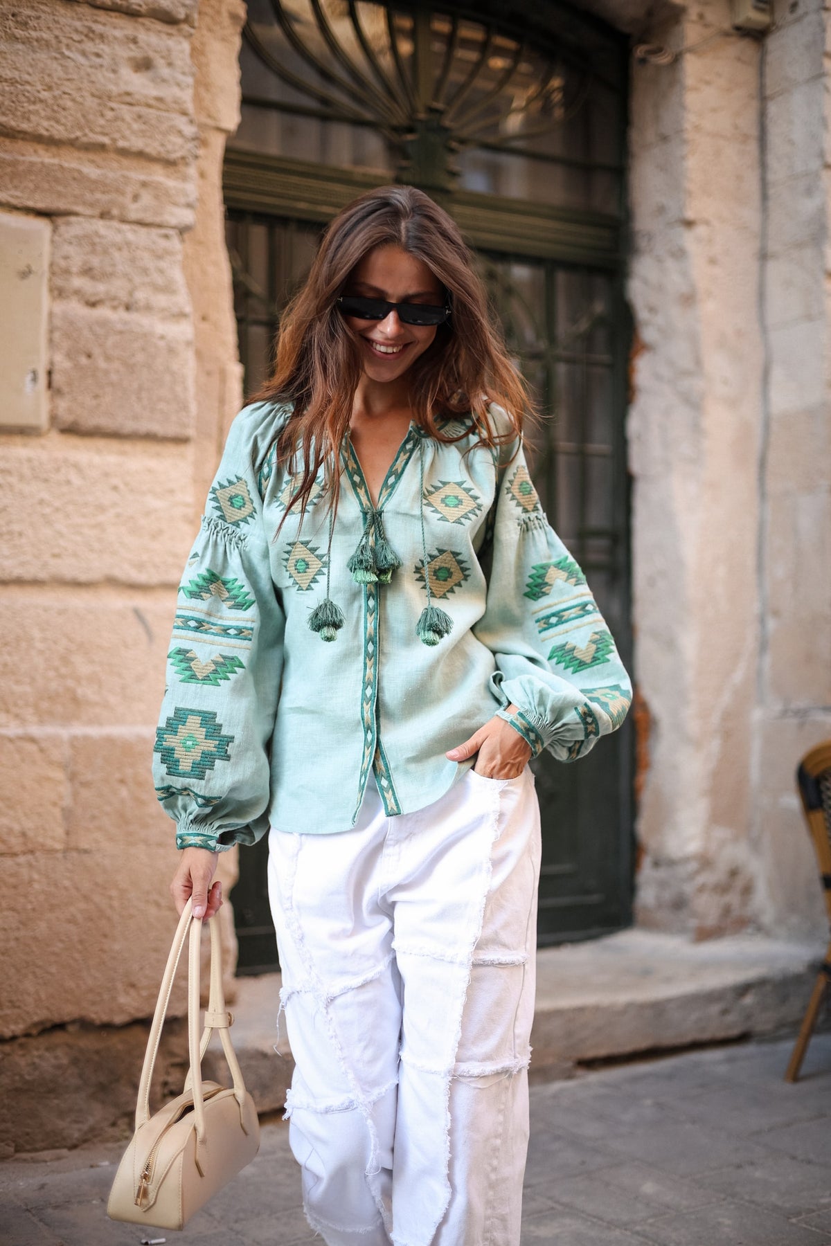 Rombé Geometric Embroidered Linen Blouse – Green