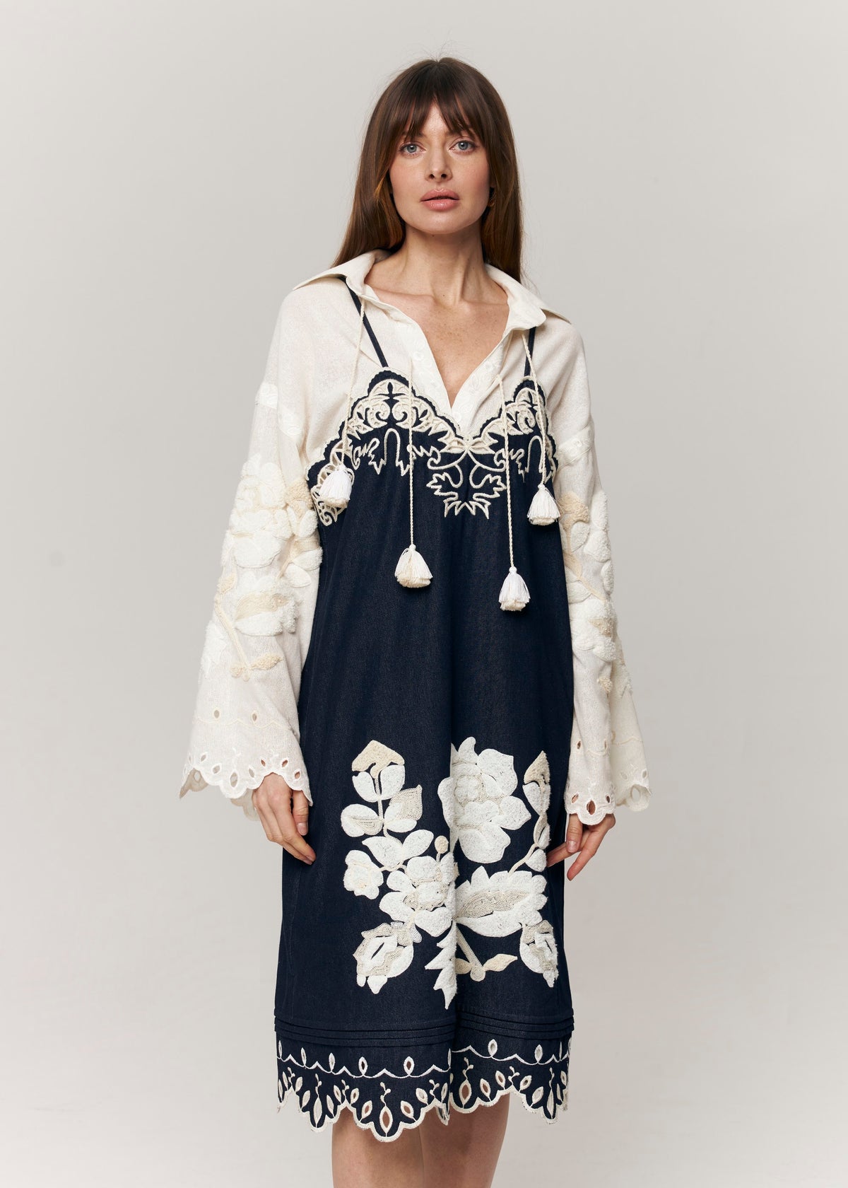 Amber Rose Embroidered Denim Midi Sundress