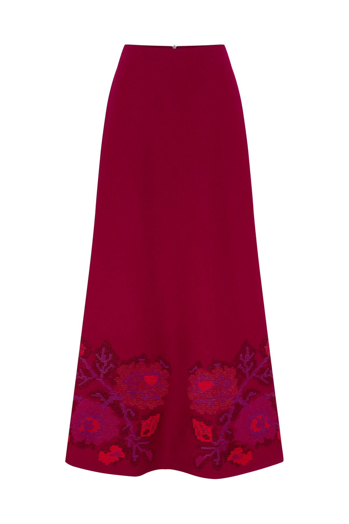 Crimson Pixel Rose Embroidered Wool Maxi Skirt