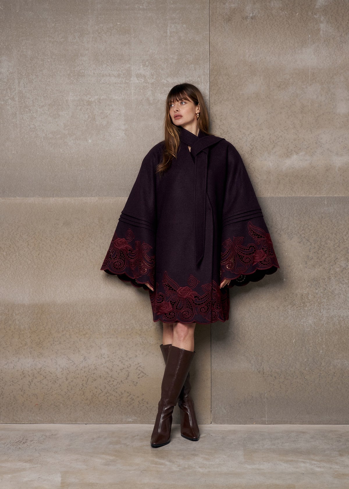 Winter Plum Embroidered Wool Wrap Coat