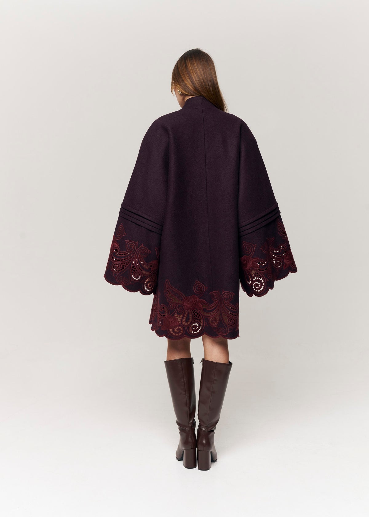 Winter Plum Embroidered Wool Wrap Coat