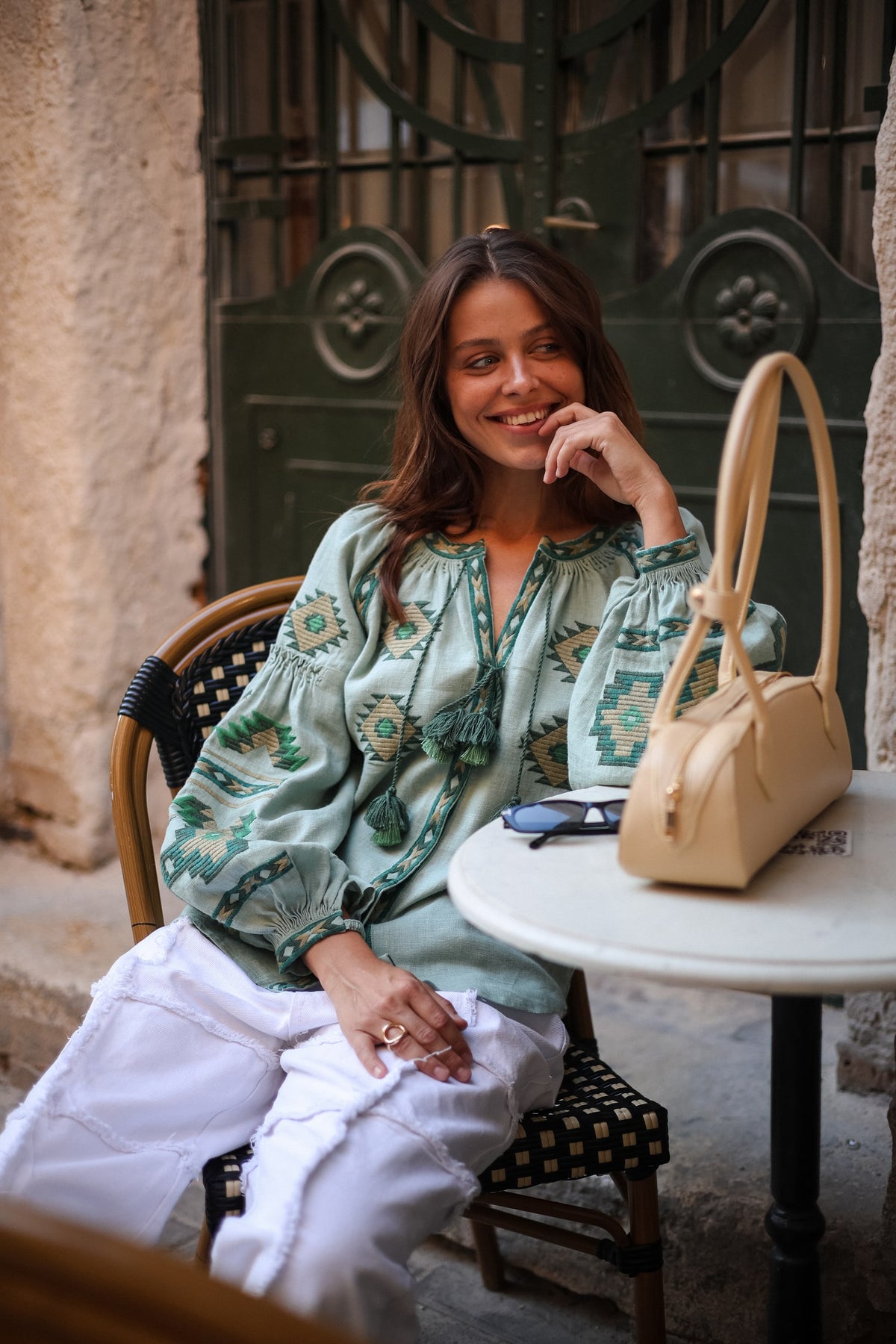 Rombé Geometric Embroidered Linen Blouse – Green