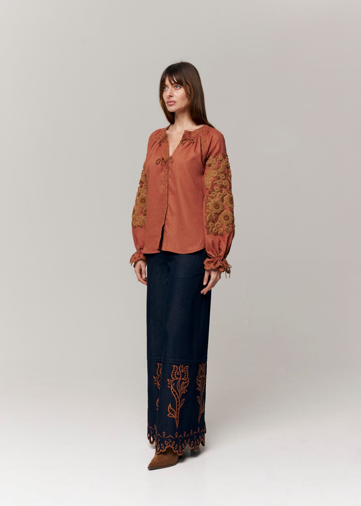 Harvest Sun Floral Embroidered Linen Blouse – Orange
