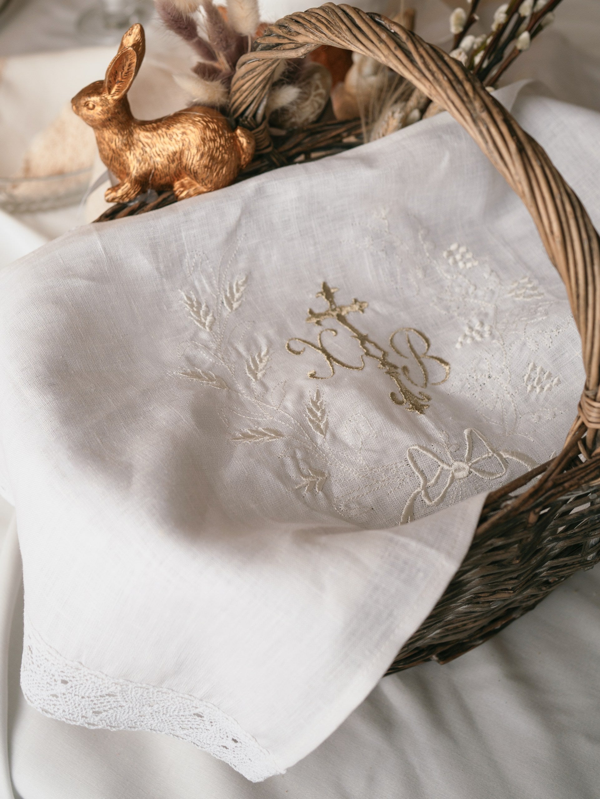 embroidered linen Easter towel close up lace detail