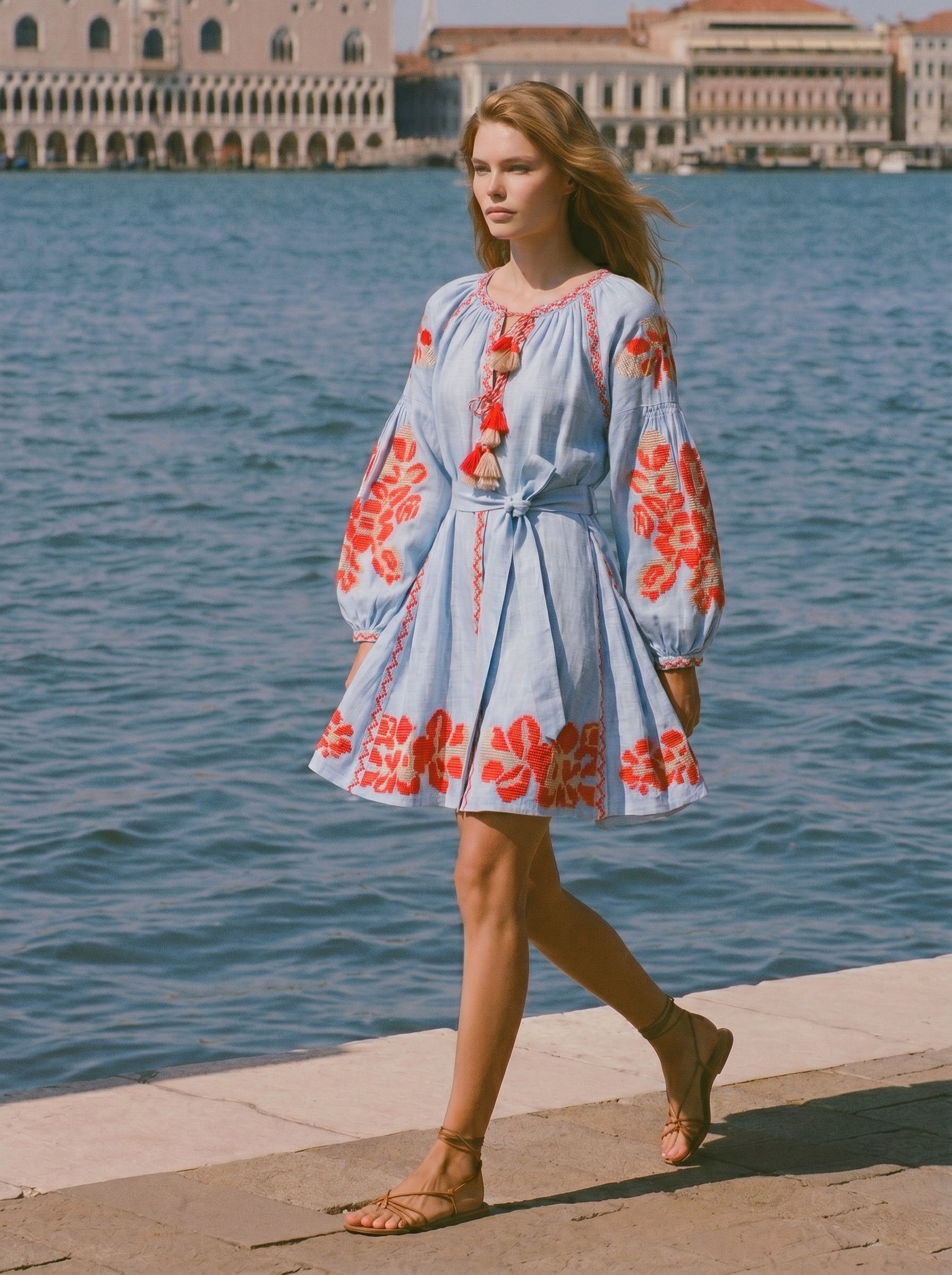 Pixel Rose Light Blue Mini Dress